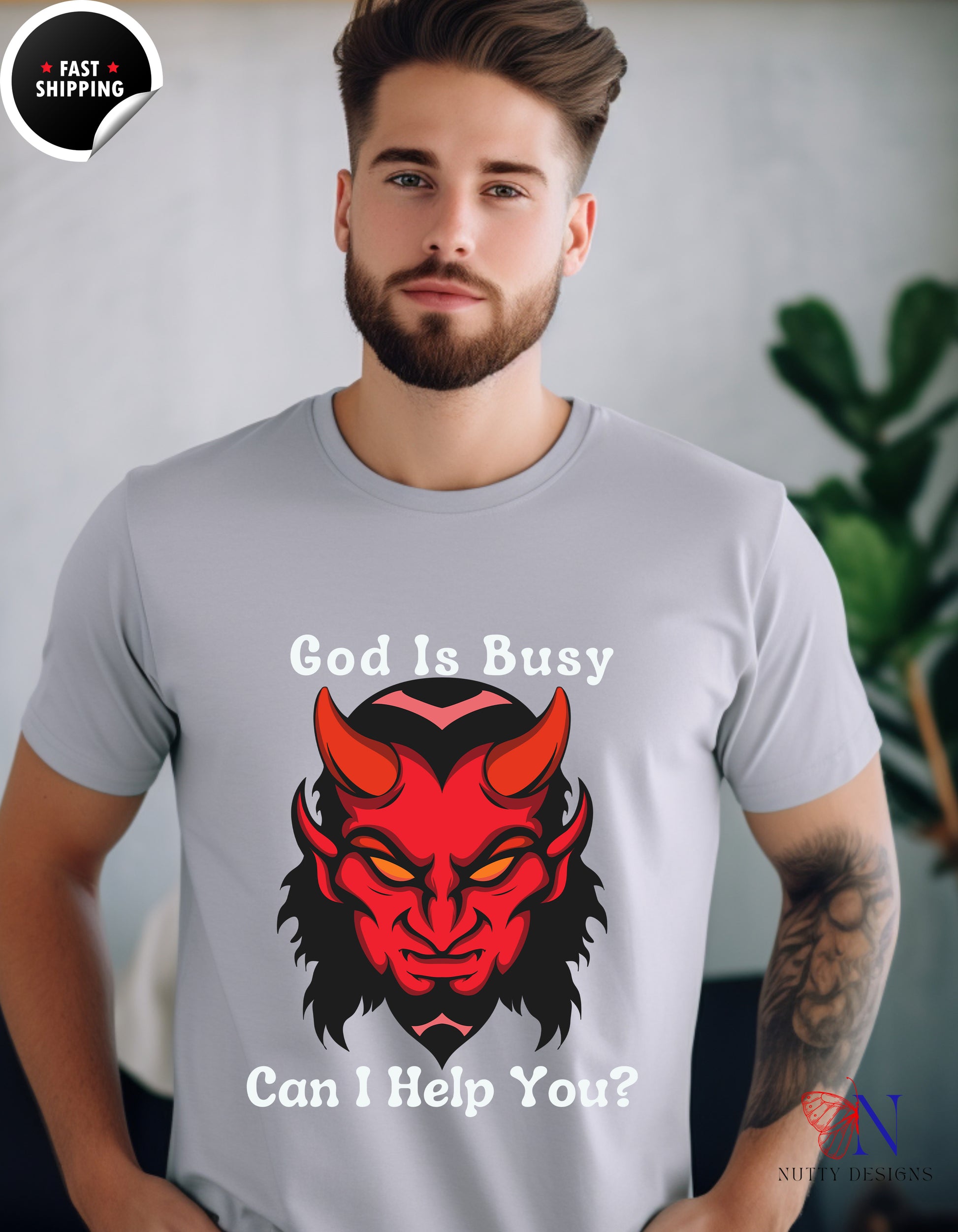 God Is Busy Dark , atheist religious T-Shirt Lifestyle Mockup | Nutty Designs