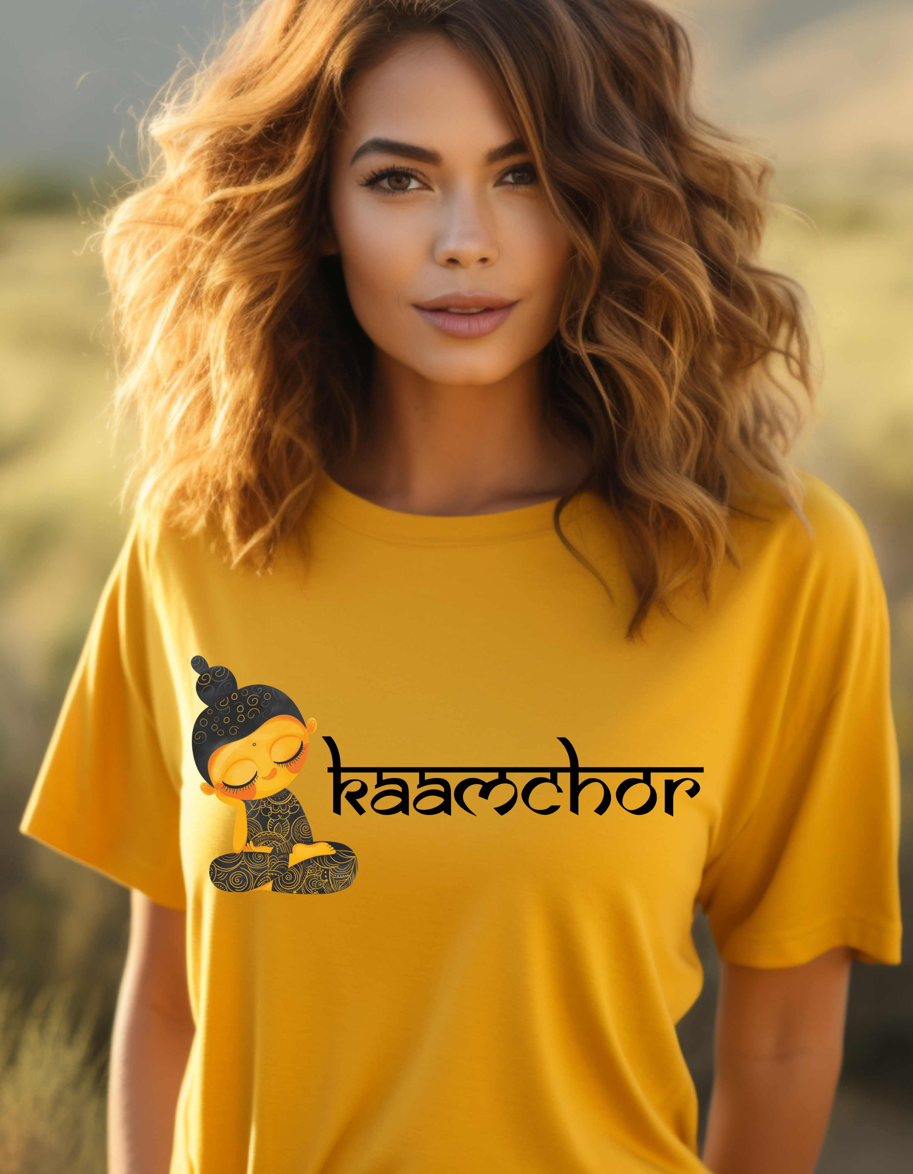 a woman wearing a yellow shirt with a cartoon character on it