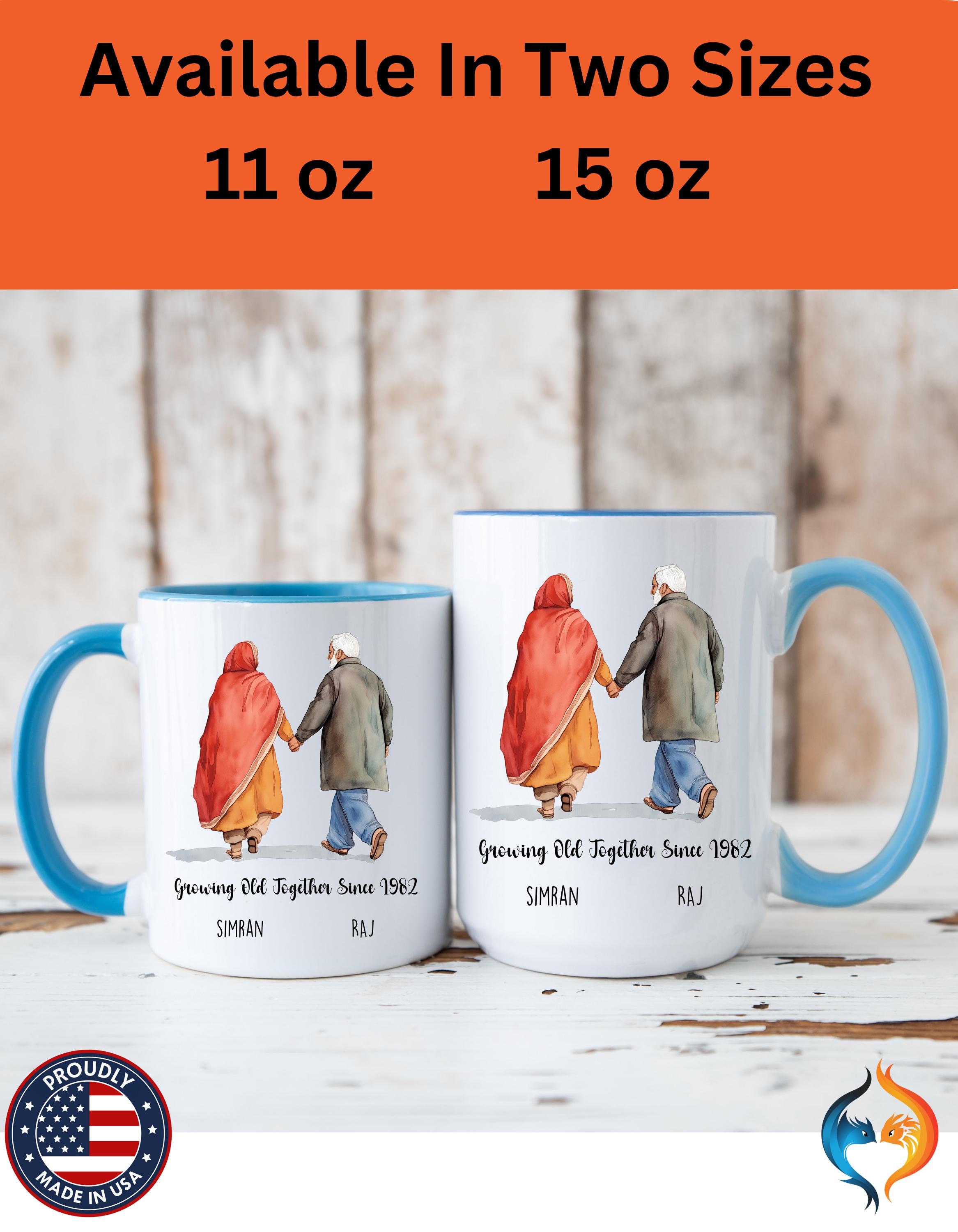 Funny Coffee Mug, Personalized Mug, Growing Old Together Since Indian Couple Accent Cup 11/15oz, Anniversary, Wedding, Romantic For Him her