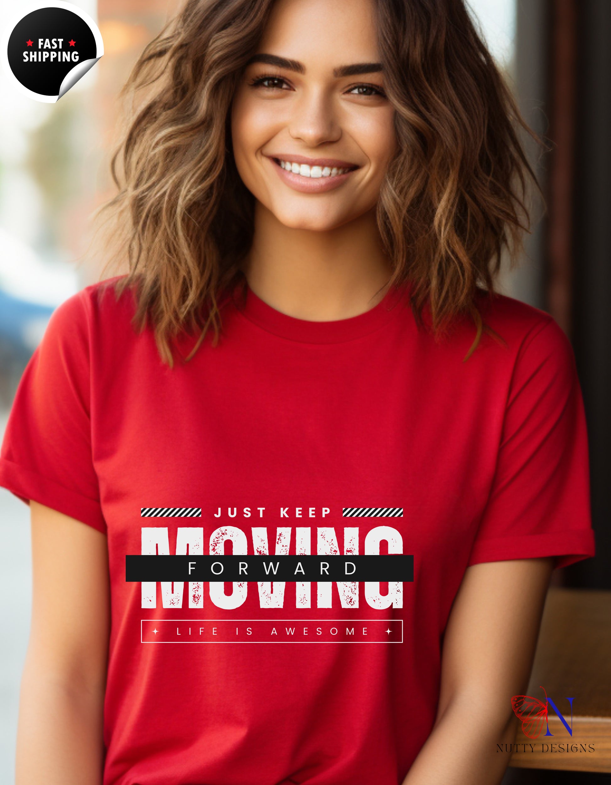 Just Keep Moving Forward Life Is Awesome T-Shirt Lifestyle Mockup | Nutty Designs
