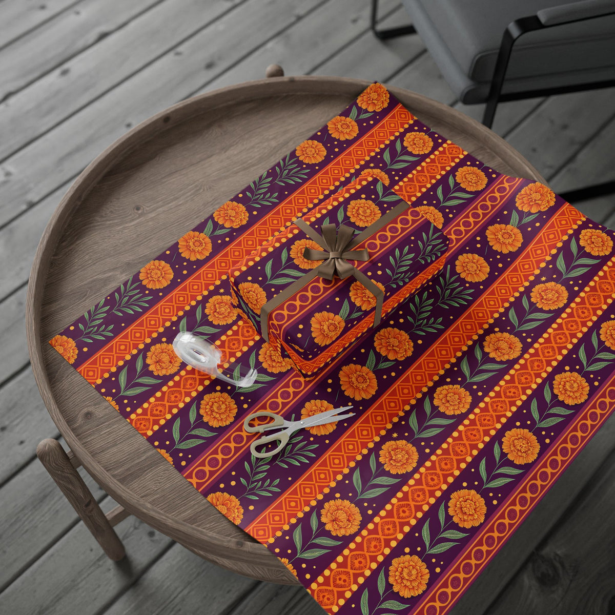 Diwali Wrapping Paper Roll - Marigold Festive Stripe Indian Gift Wrap