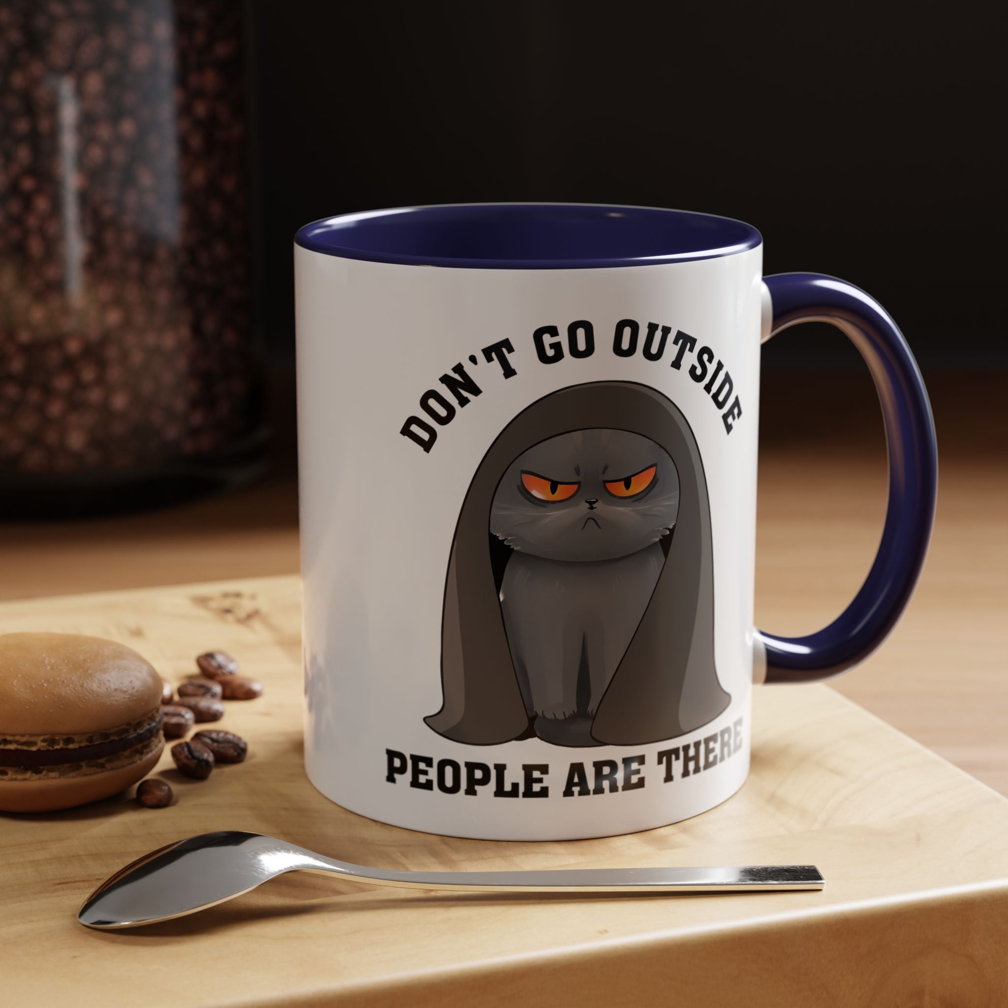 Funny Coffee Mug, Personalized Mug, Grumpy Cat Don't Go Outside People Are There Accent Cup (11, 15oz), Gift Under 20, White Elephant