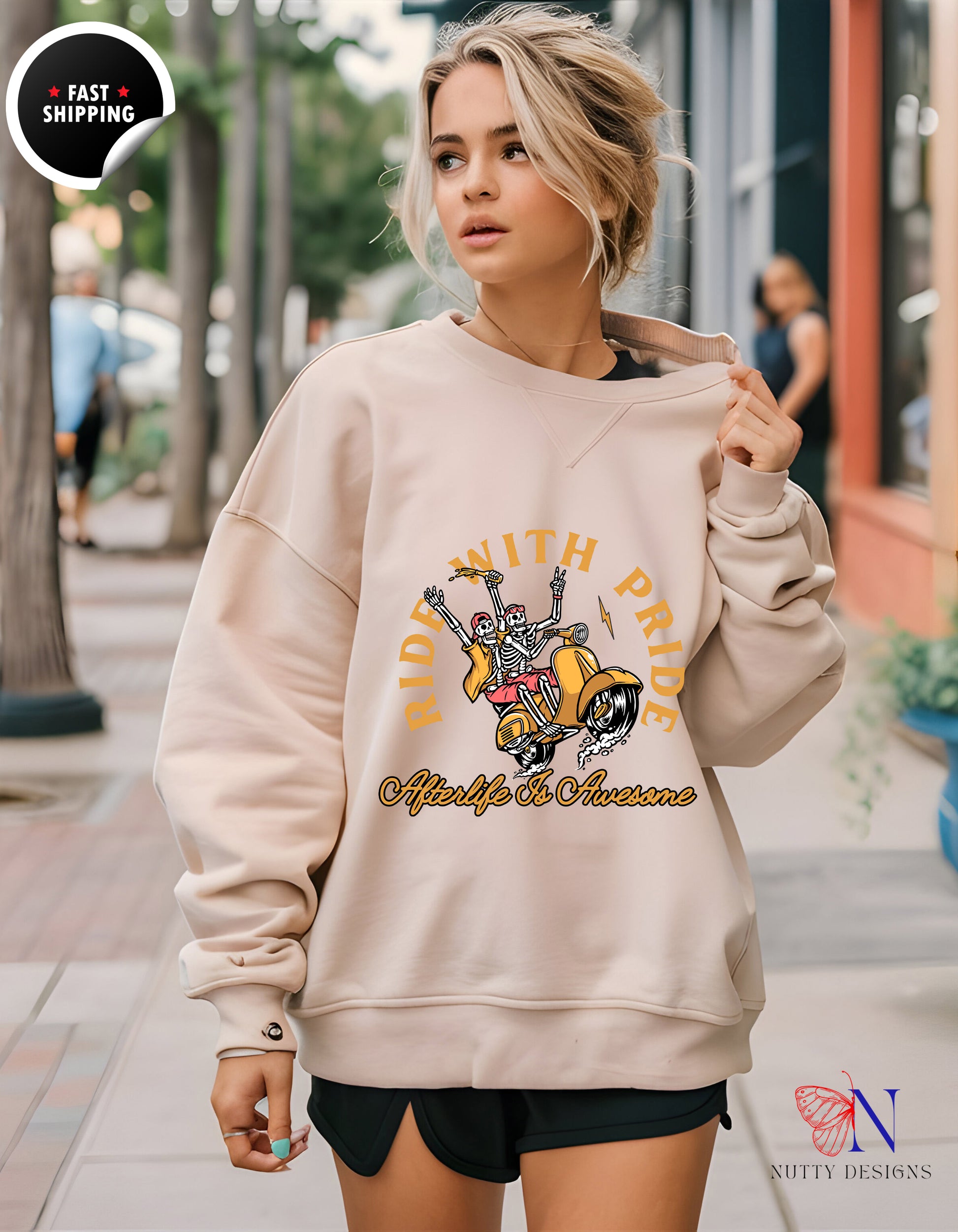 Ride With Pride -Afterlife Is Awesome, Diversity LGBTQ Sweatshirt Lifestyle Mockup | Nutty Designs