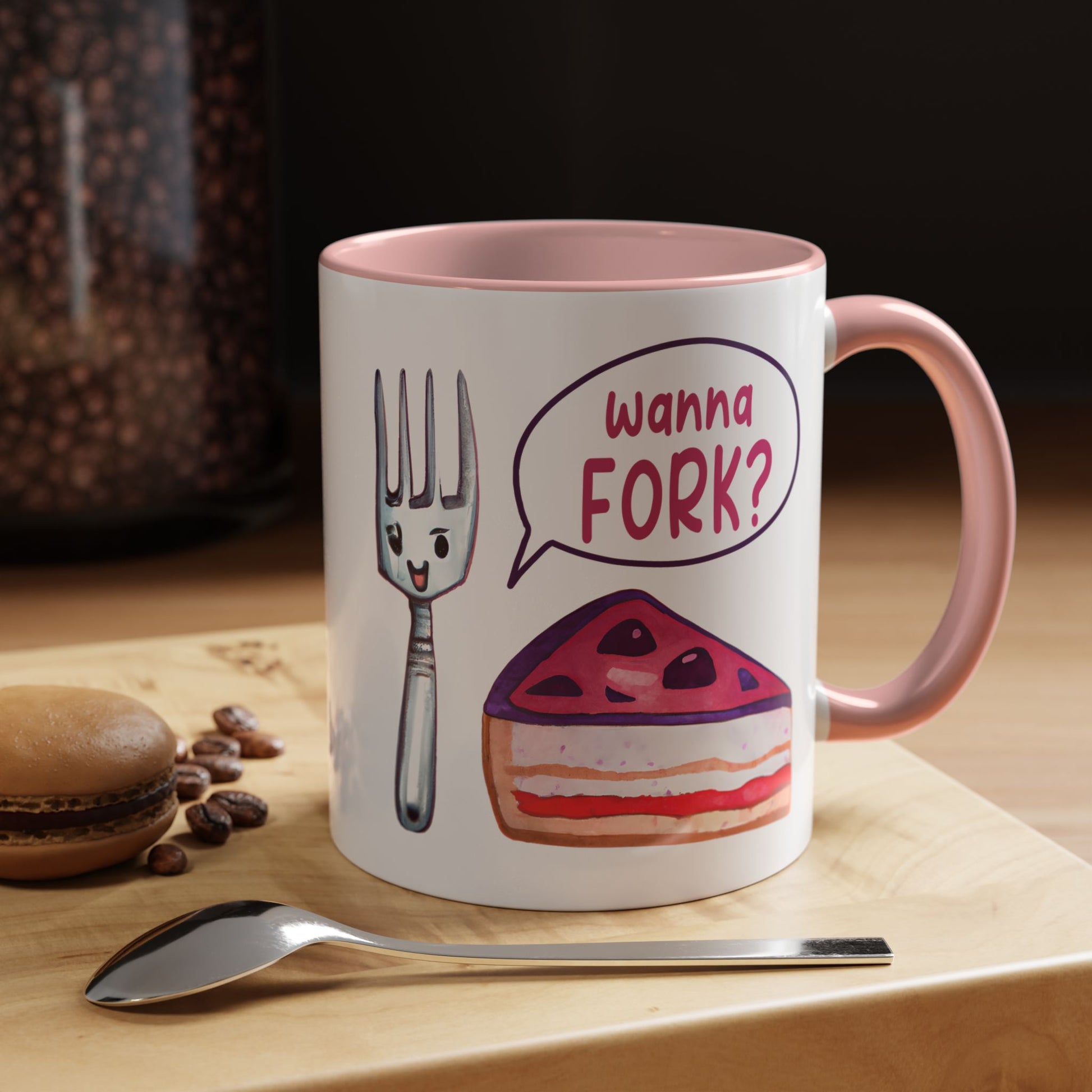 Wanna Fork? Cute Cake & Fork Illustration Mug Lifestyle Mockup | Nutty Designs