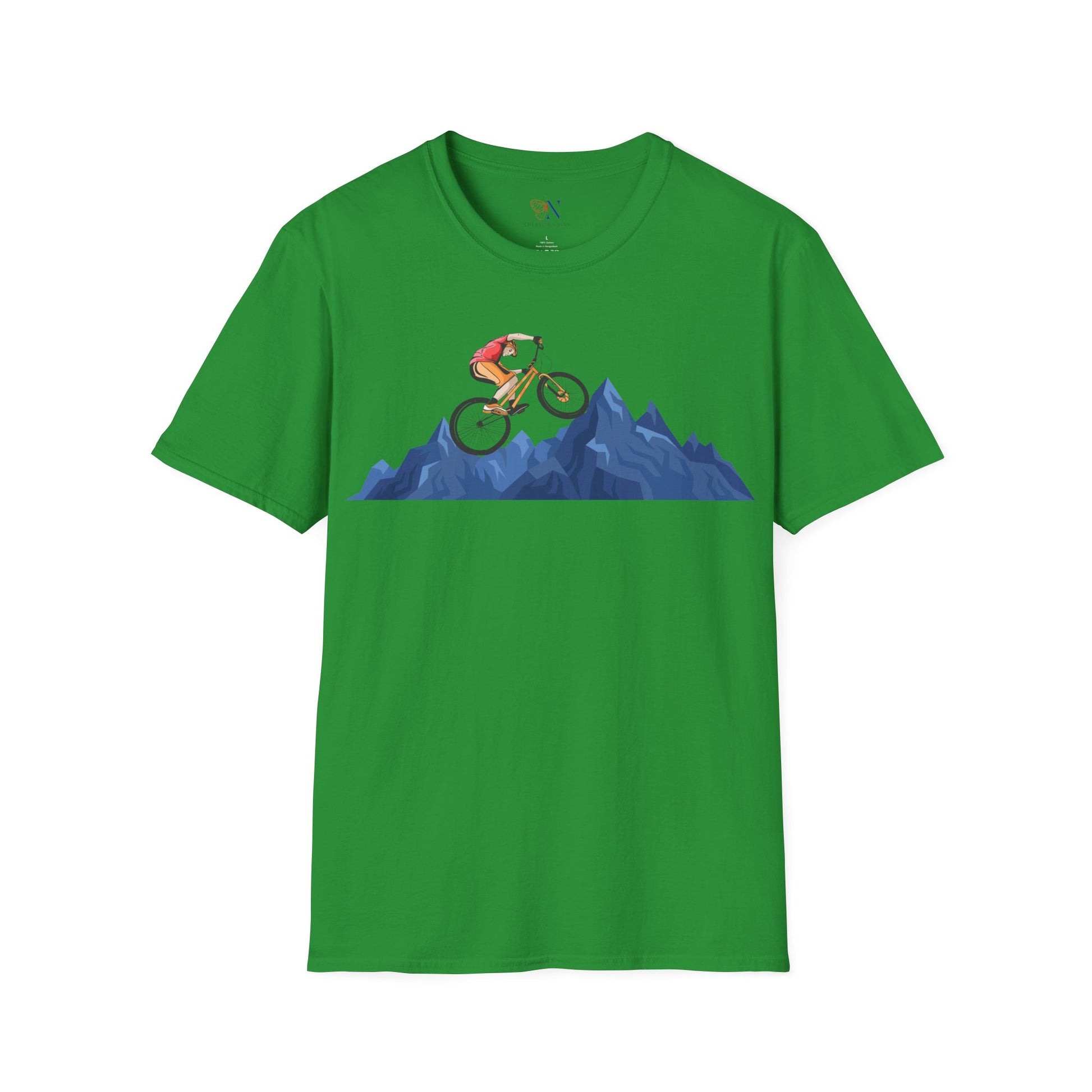 Green mountain biking retro t-shirt with a cyclist graphic, unisex vintage-style biker tee.