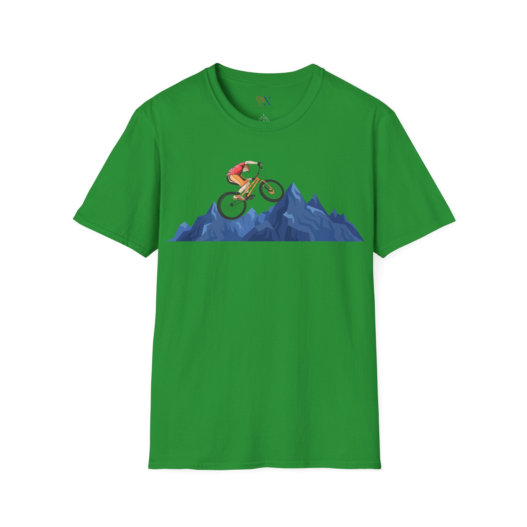 Green mountain biking retro t-shirt with a cyclist graphic, unisex vintage-style biker tee.