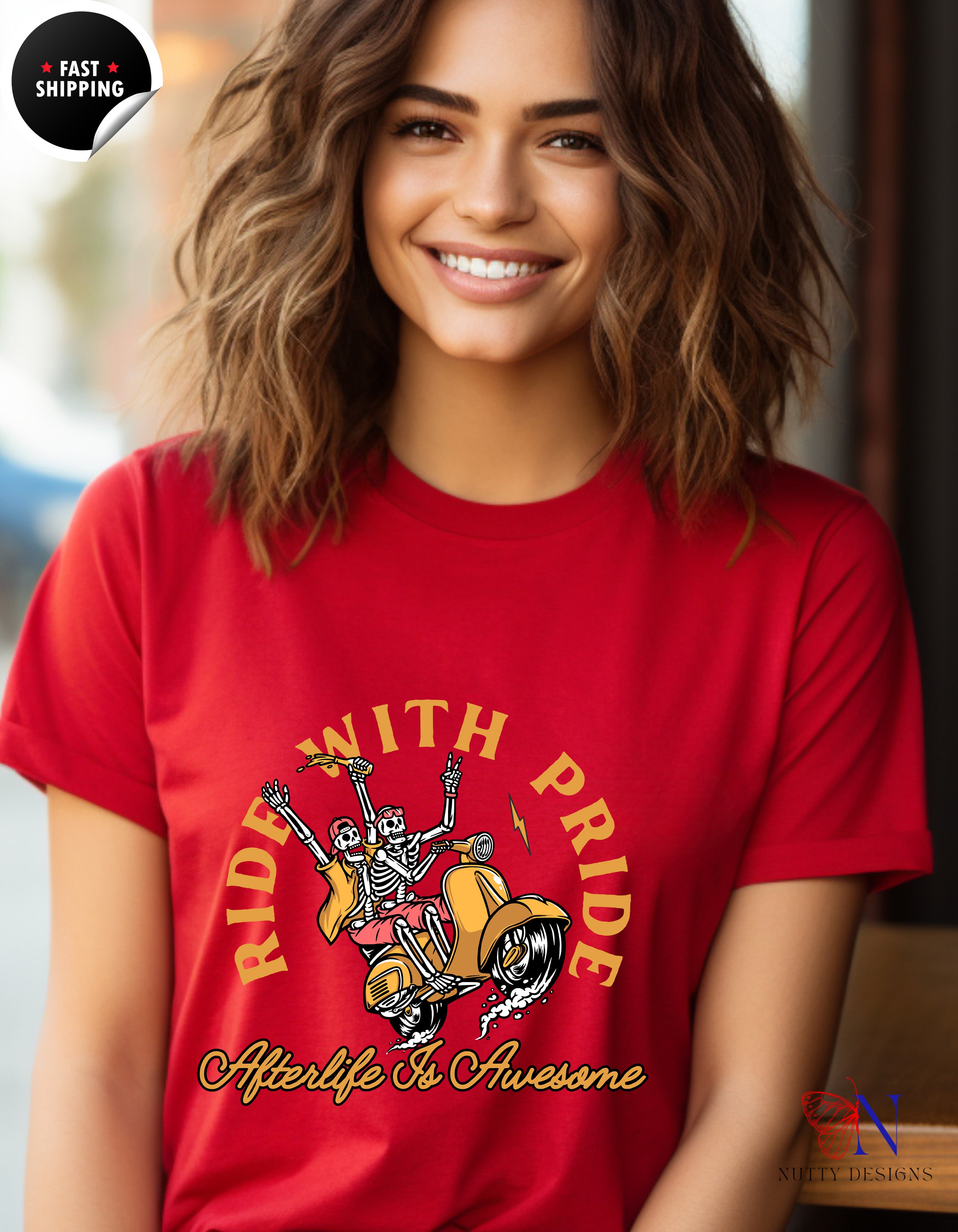 Ride With Pride Happy Skeletons T-Shirt Lifestyle Mockup | Nutty Designs