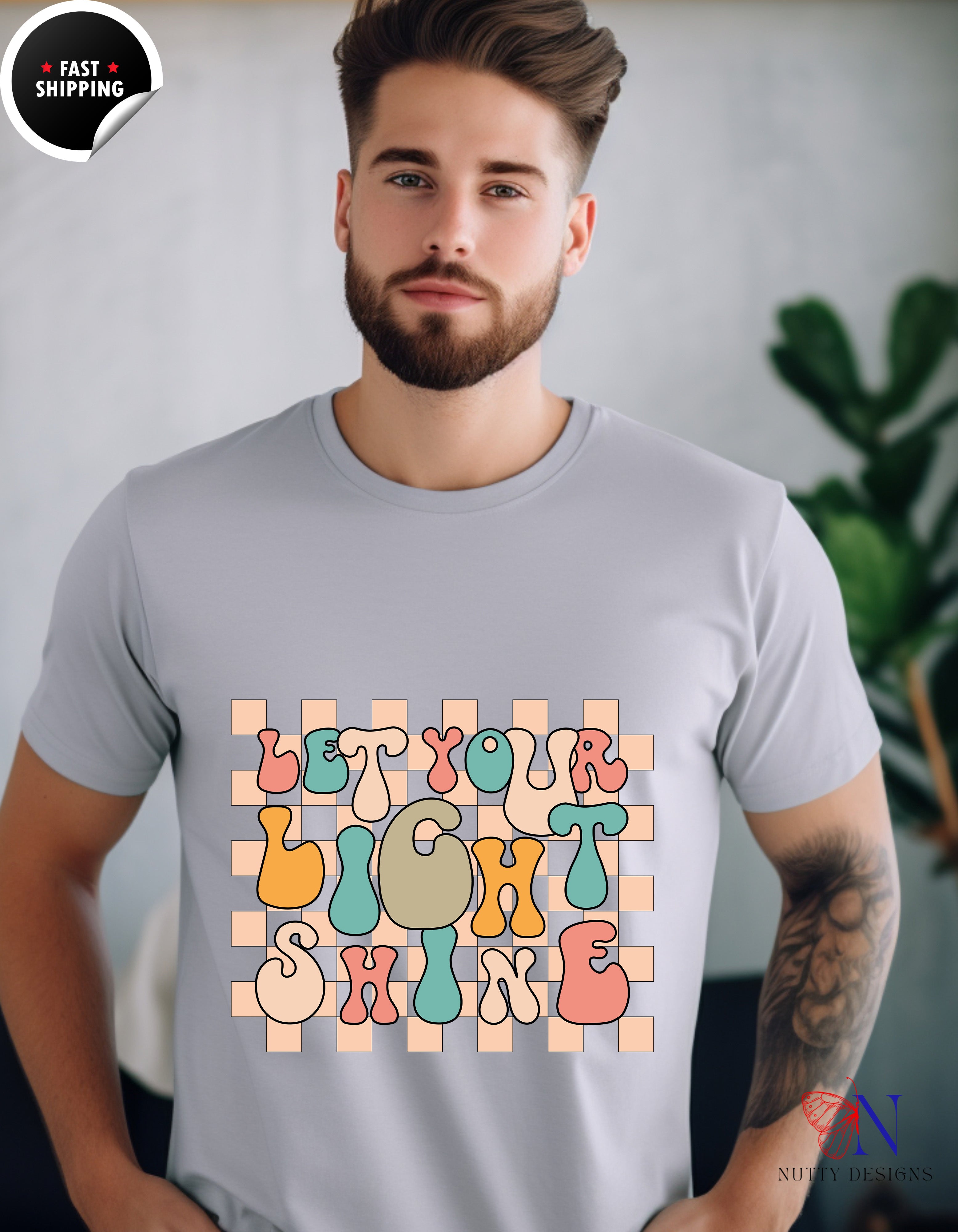 Let your Light Shine retro , inspirational , Positive T-Shirt Lifestyle Mockup | Nutty Designs