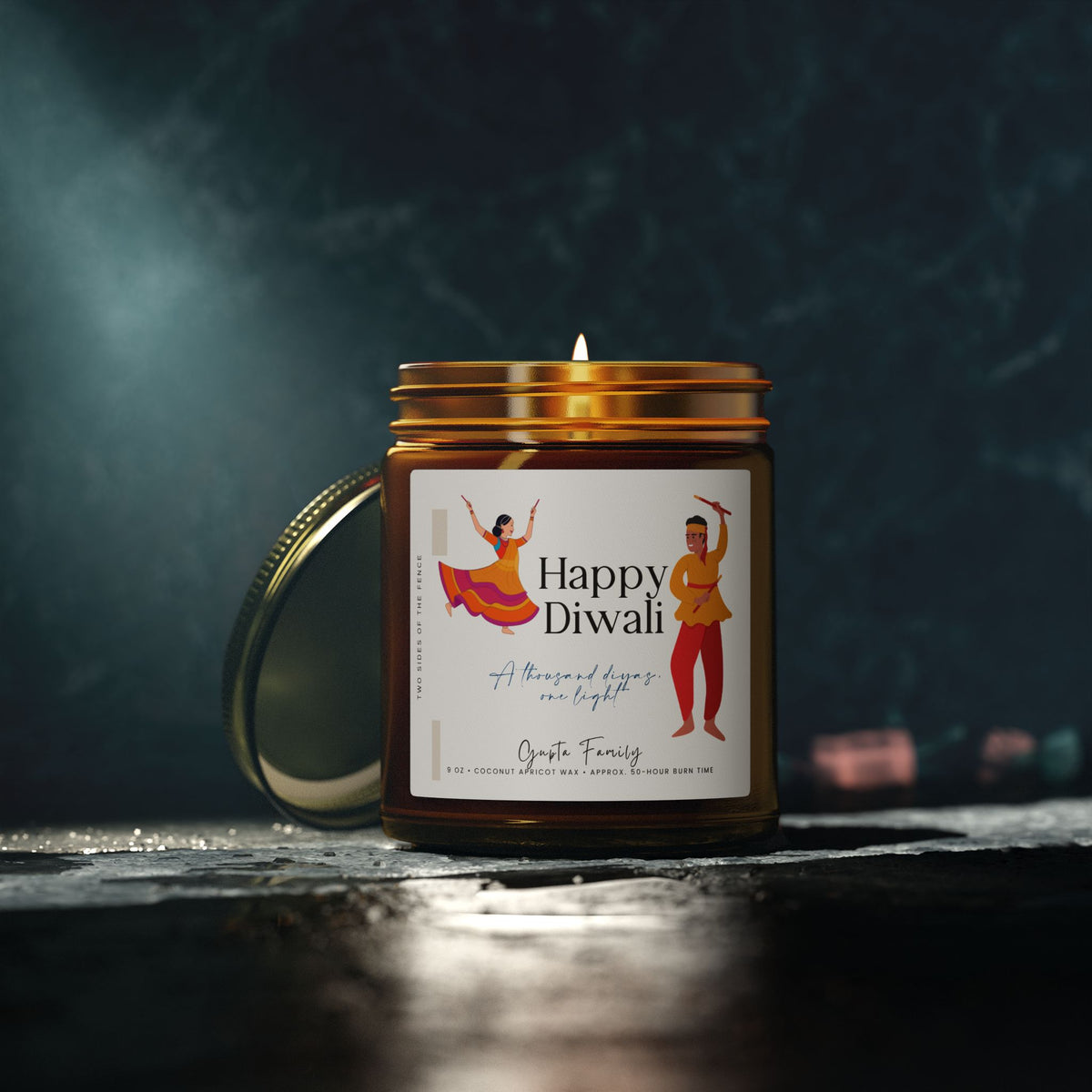Personalized Diwali Candle — Dancing Couple I, 4 oz or 9 oz