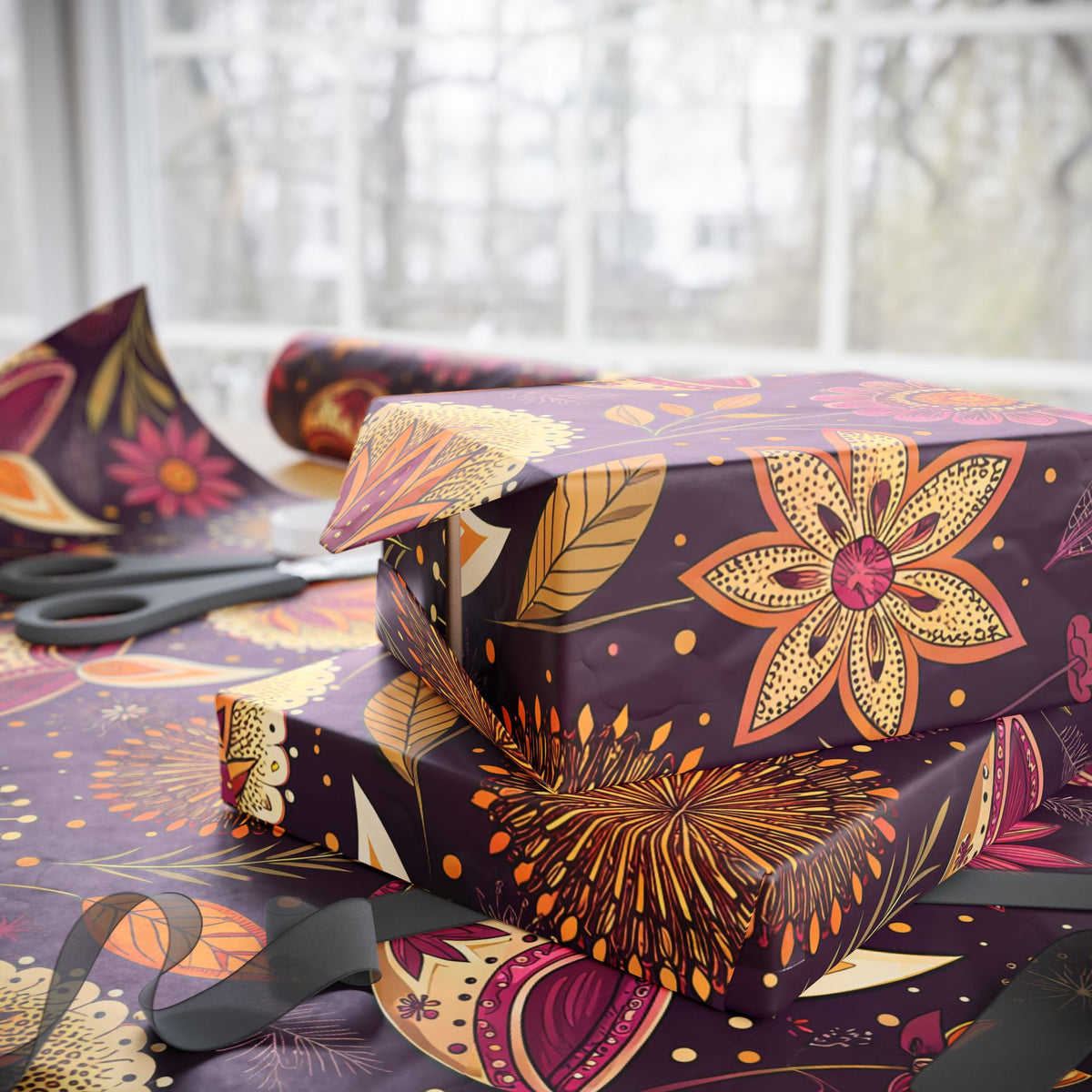 Diwali Wrapping Paper Roll - Purple Diyas & Floral Indian Gift Wrap