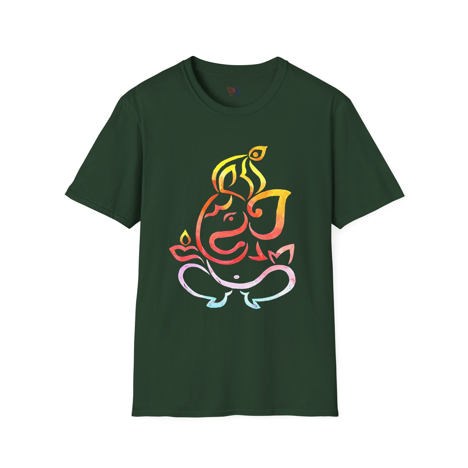 Colorful Ganesha graphic T-shirt in dark green, print-on-demand clothing featuring vibrant spiritual design for fashion enthusiasts.