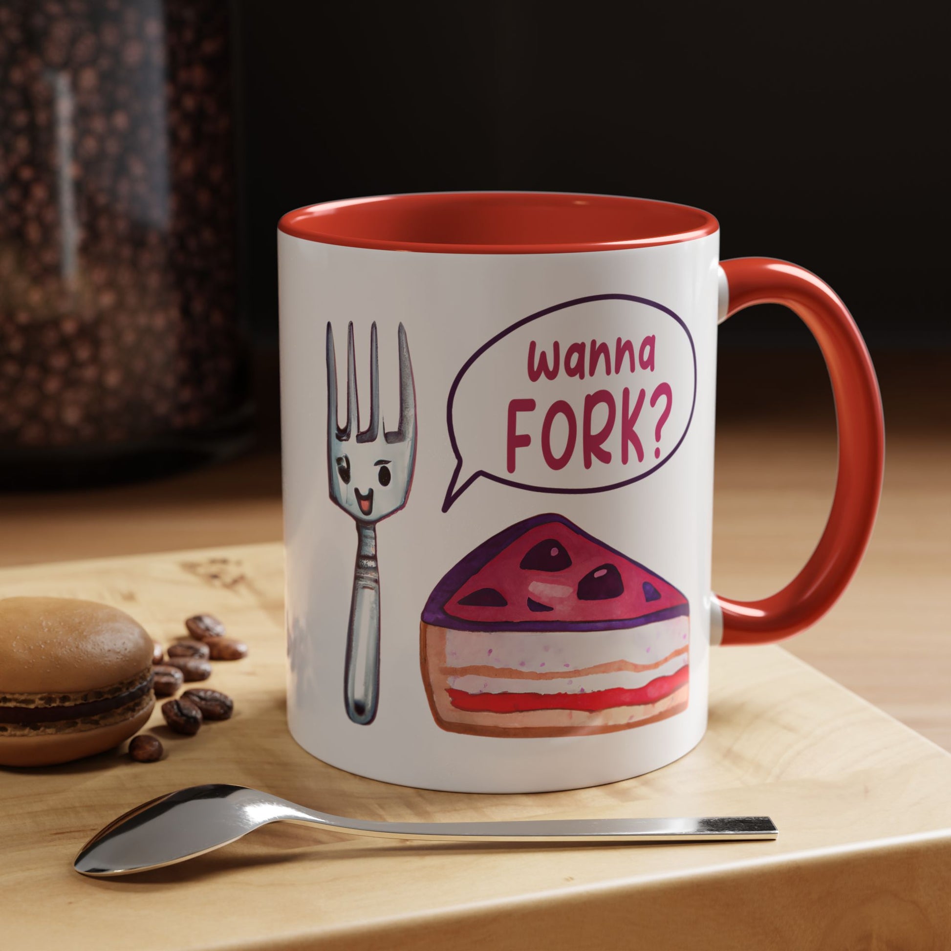 Wanna Fork? Cute Cake & Fork Illustration Mug Lifestyle Mockup | Nutty Designs