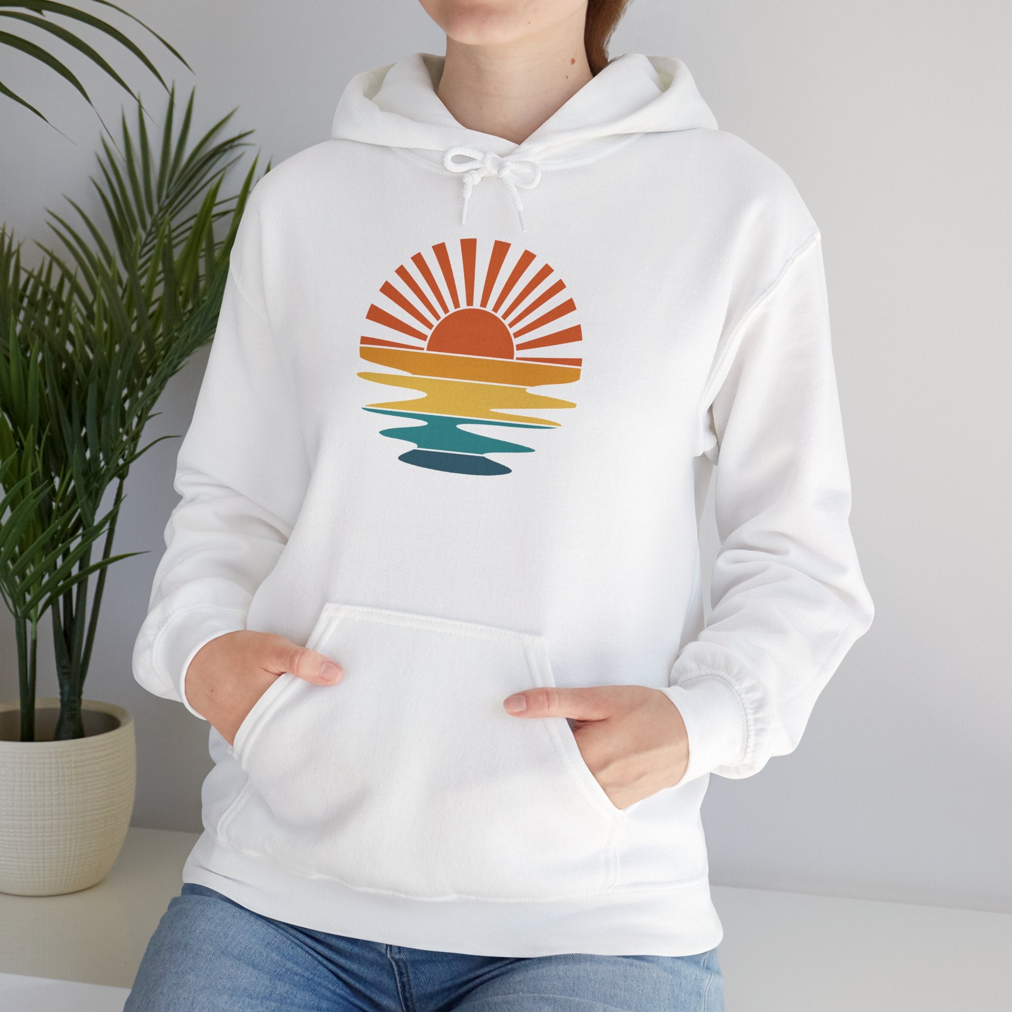Sunset Minimalist Hoodie — Retro Sunrise Graphic Hooded Sweatshirt