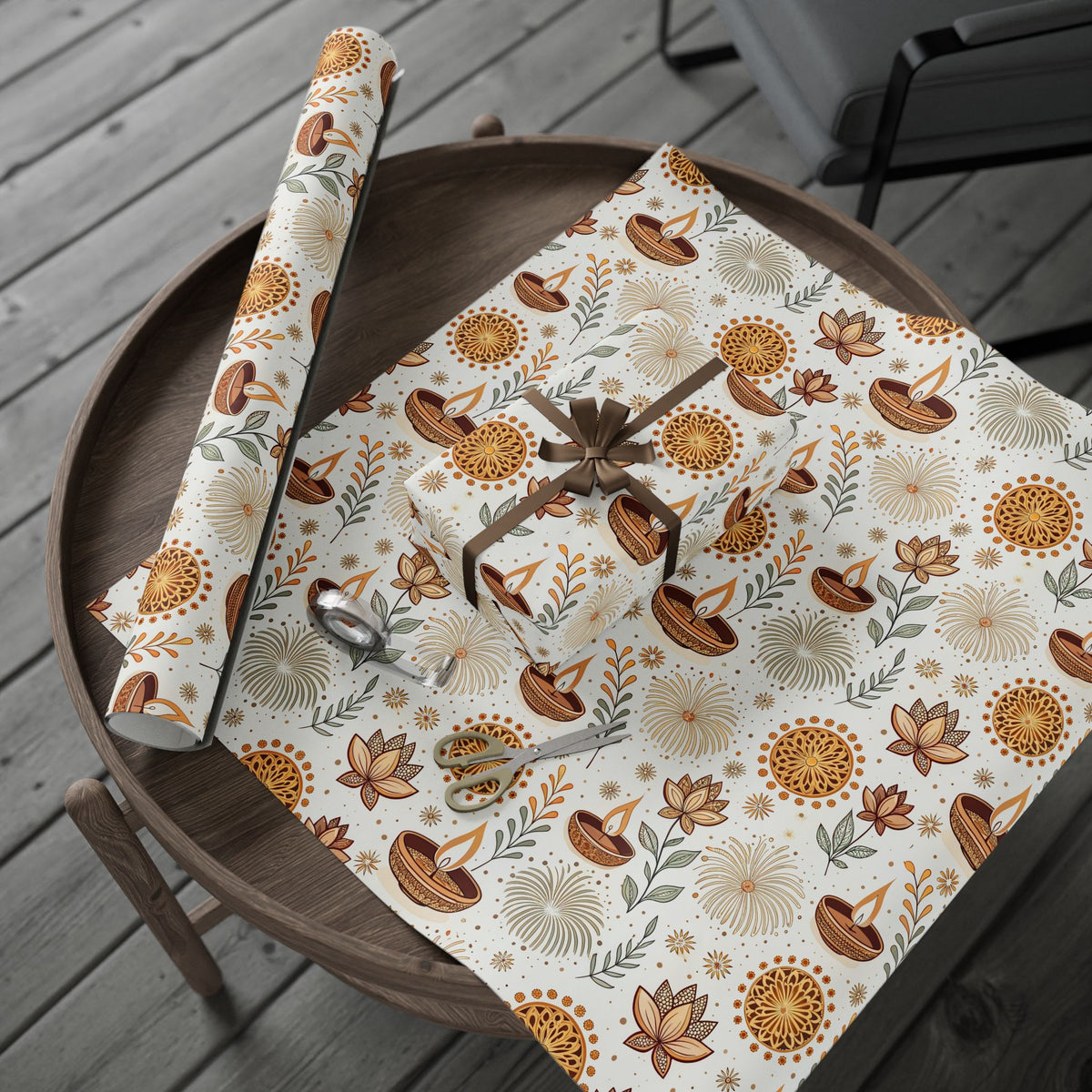 Diwali Wrapping Paper Roll - Ivory Botanical Diyas Indian Gift Wrap
