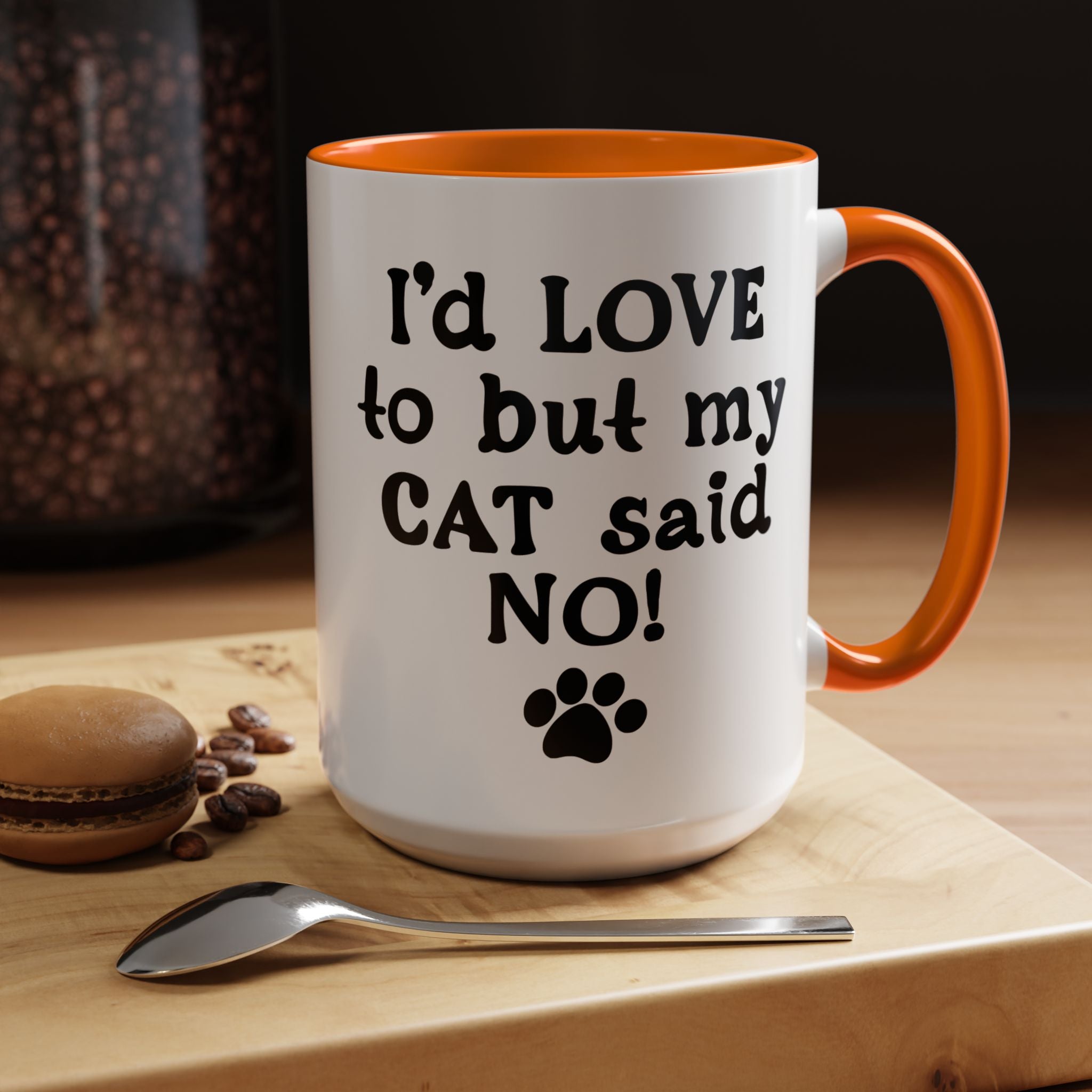 Funny Coffee Mug, Personalized Mug, I 'd Love To But My Cat Said No! Accent Cup (11, 15oz), Gift Under 20, White Elephant