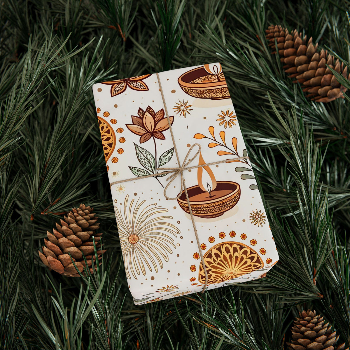 Diwali Wrapping Paper Roll - Ivory Botanical Diyas Indian Gift Wrap