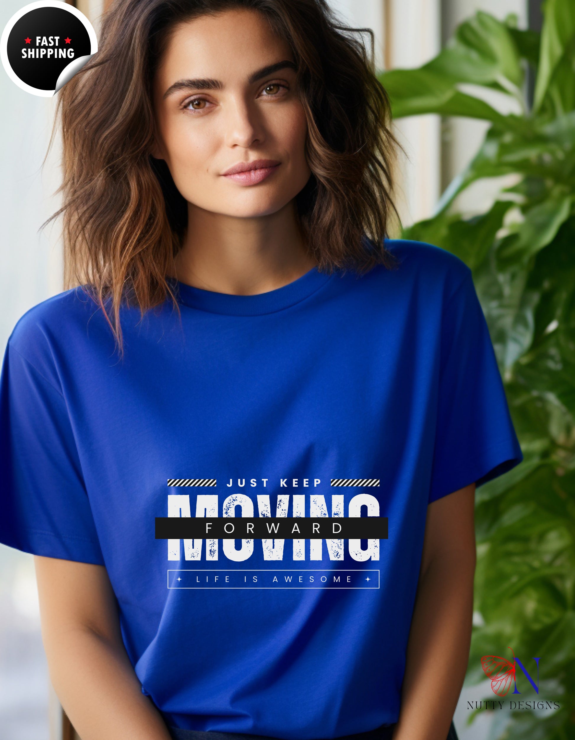Just Keep Moving Forward Life Is Awesome T-Shirt Lifestyle Mockup | Nutty Designs