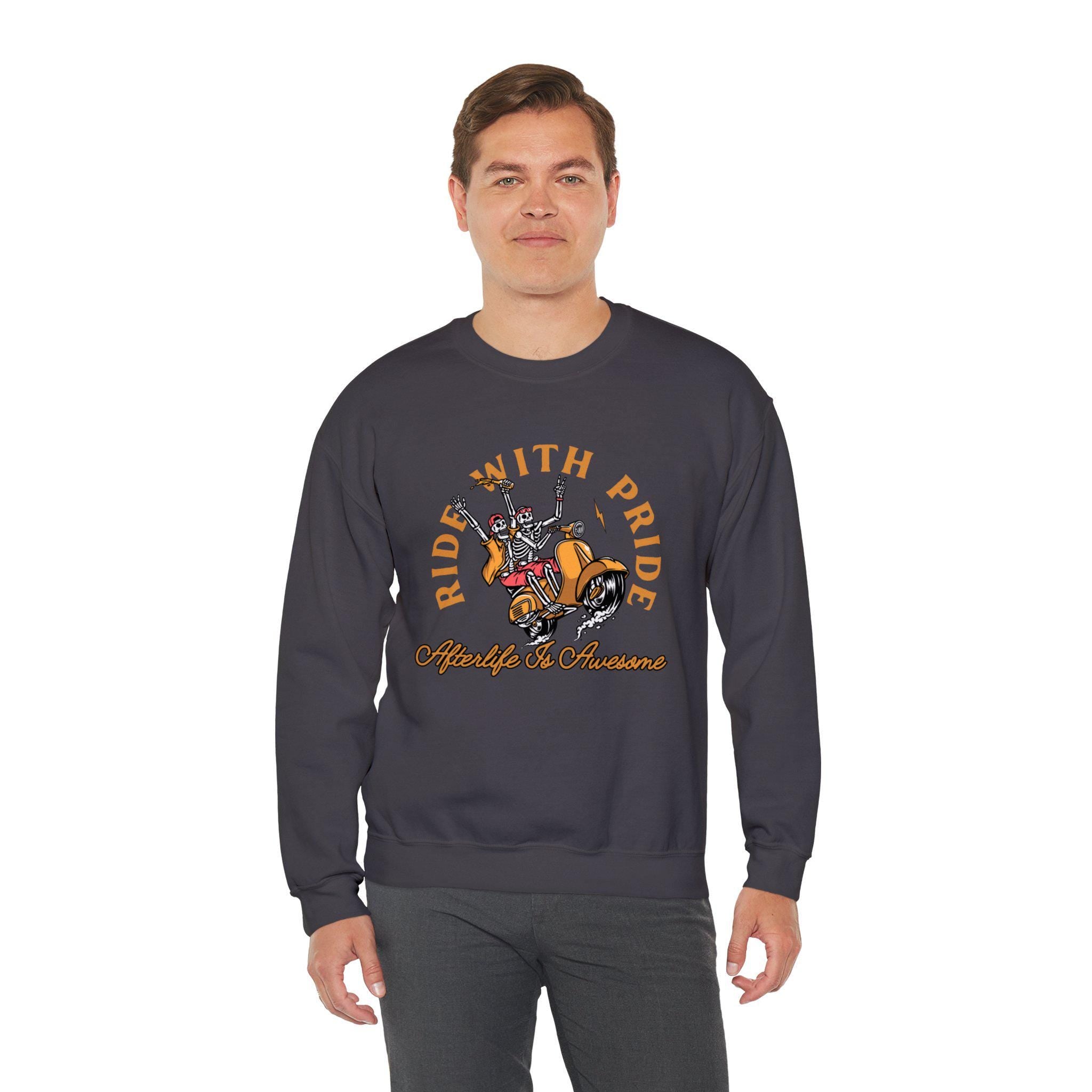 Ride With Pride Sweatshirt | Afterlife Is Awesome Skeleton | LGBTQ Funny Fall Autumn Diversity Apparel