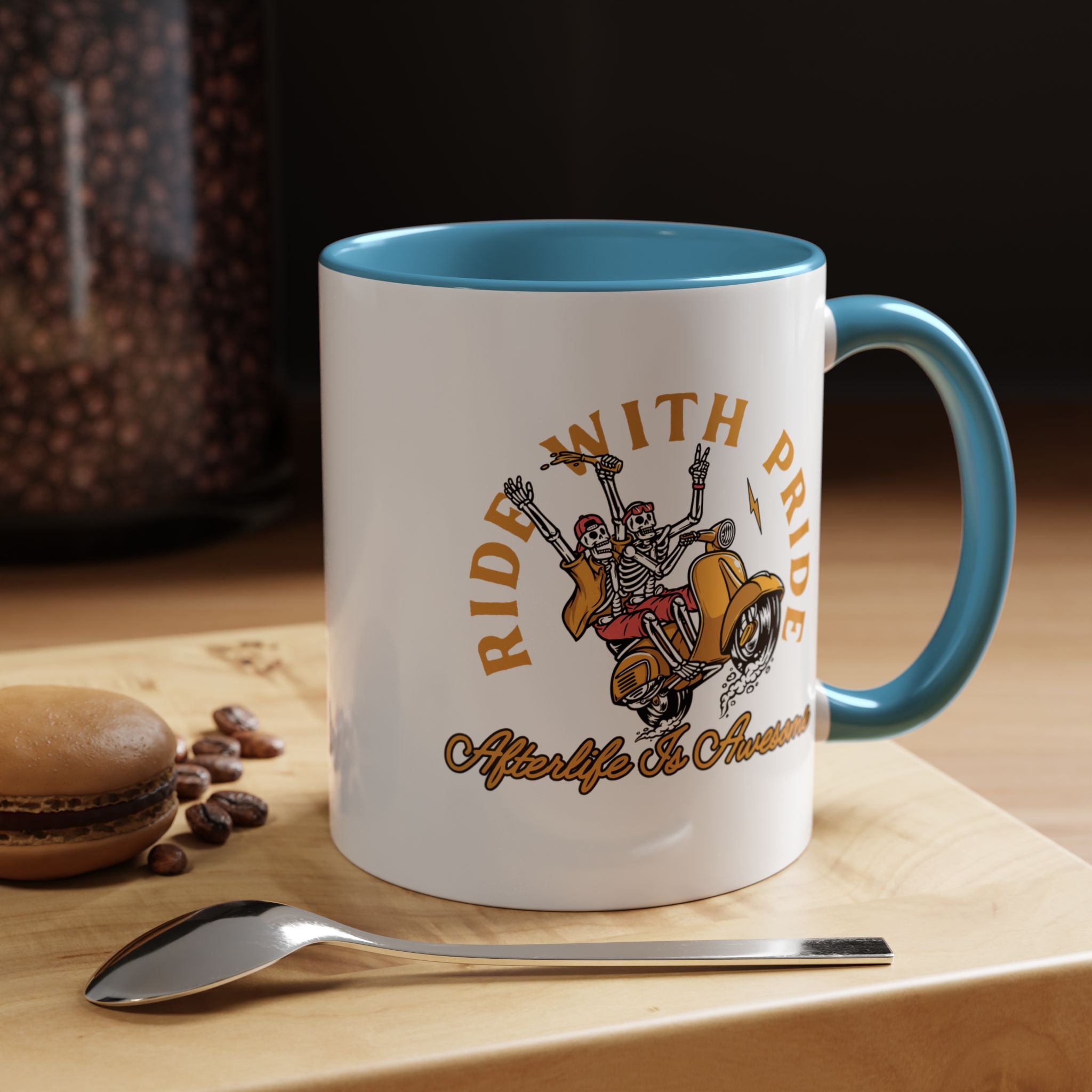 Funny Coffee Mug, Personalized Mug, Ride With Pride Afterlife Is Awesome, Skeleton Accent Cup (11, 15oz), Gift Under 20, White Elephant