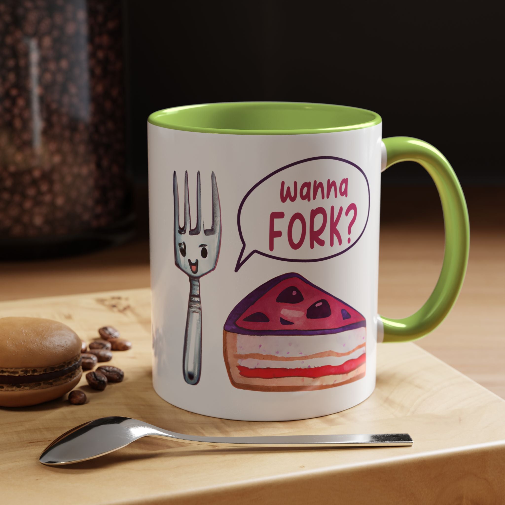 Wanna Fork? Cute Cake & Fork Illustration Mug Lifestyle Mockup | Nutty Designs
