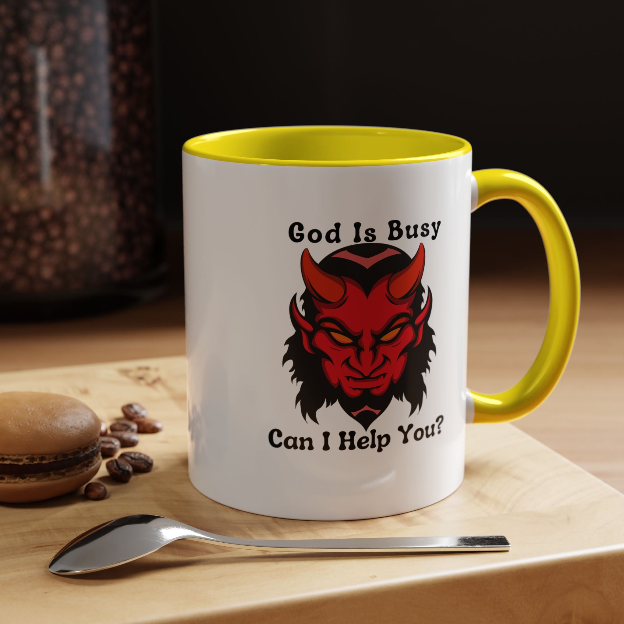 Funny Coffee Mug, Personalized Mug, God Is Busy Can I Help You Accent Cup (11, 15oz), Gift Under 20, White Elephant gift, Ashiest Cup