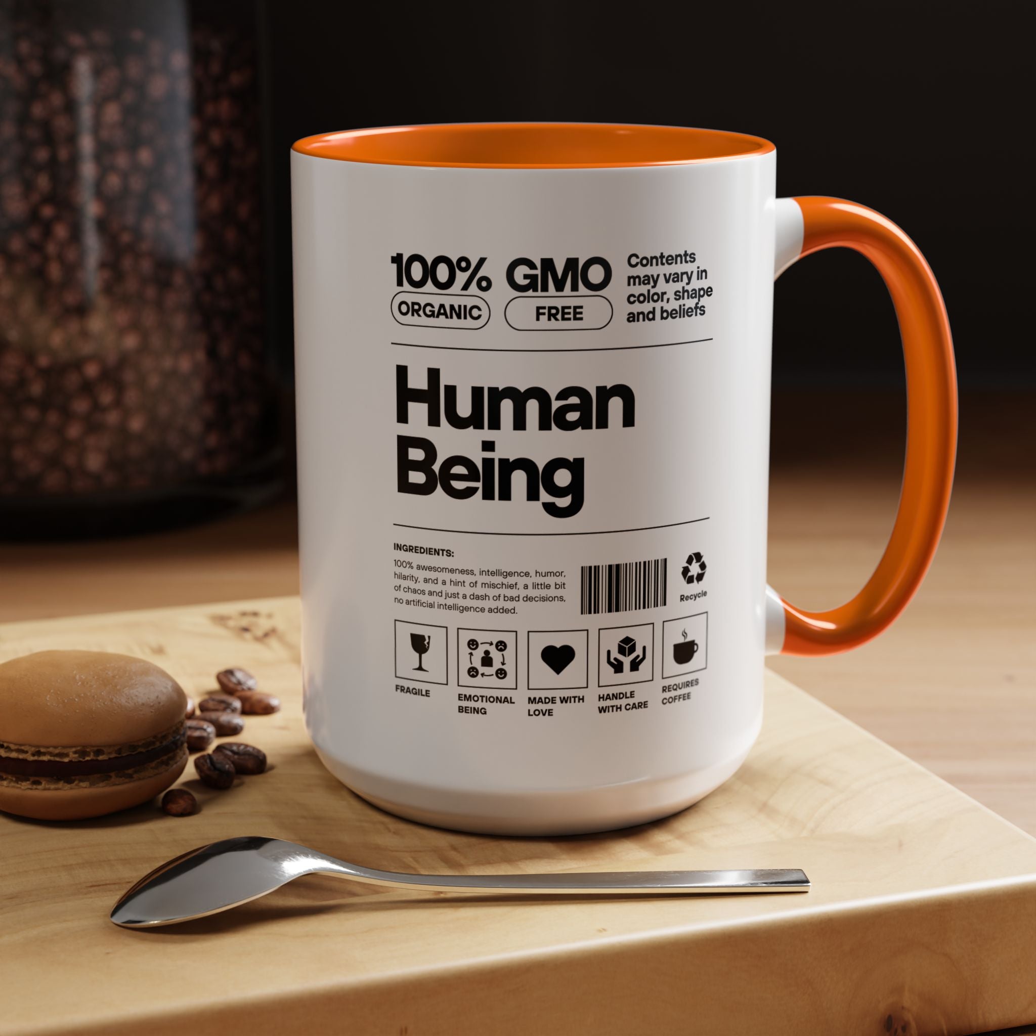 Personalized Mug, Human Being Nutrition Facts Accent Cup (11, 15oz), Gift Under 20, White Elephant gift