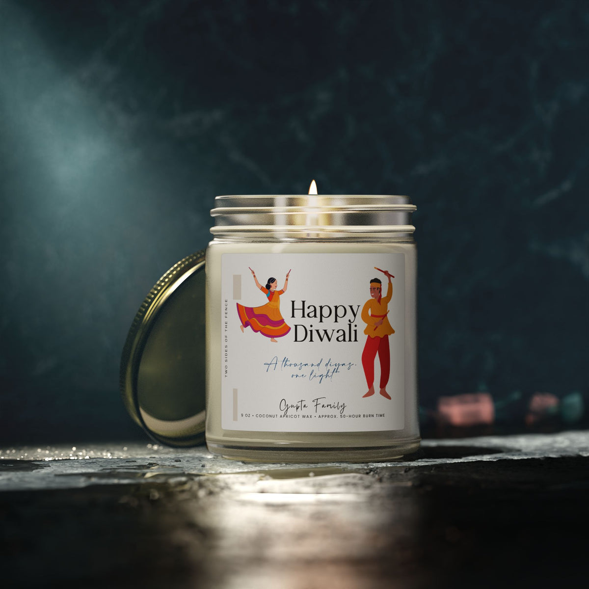 Personalized Diwali Candle — Dancing Couple I, 4 oz or 9 oz