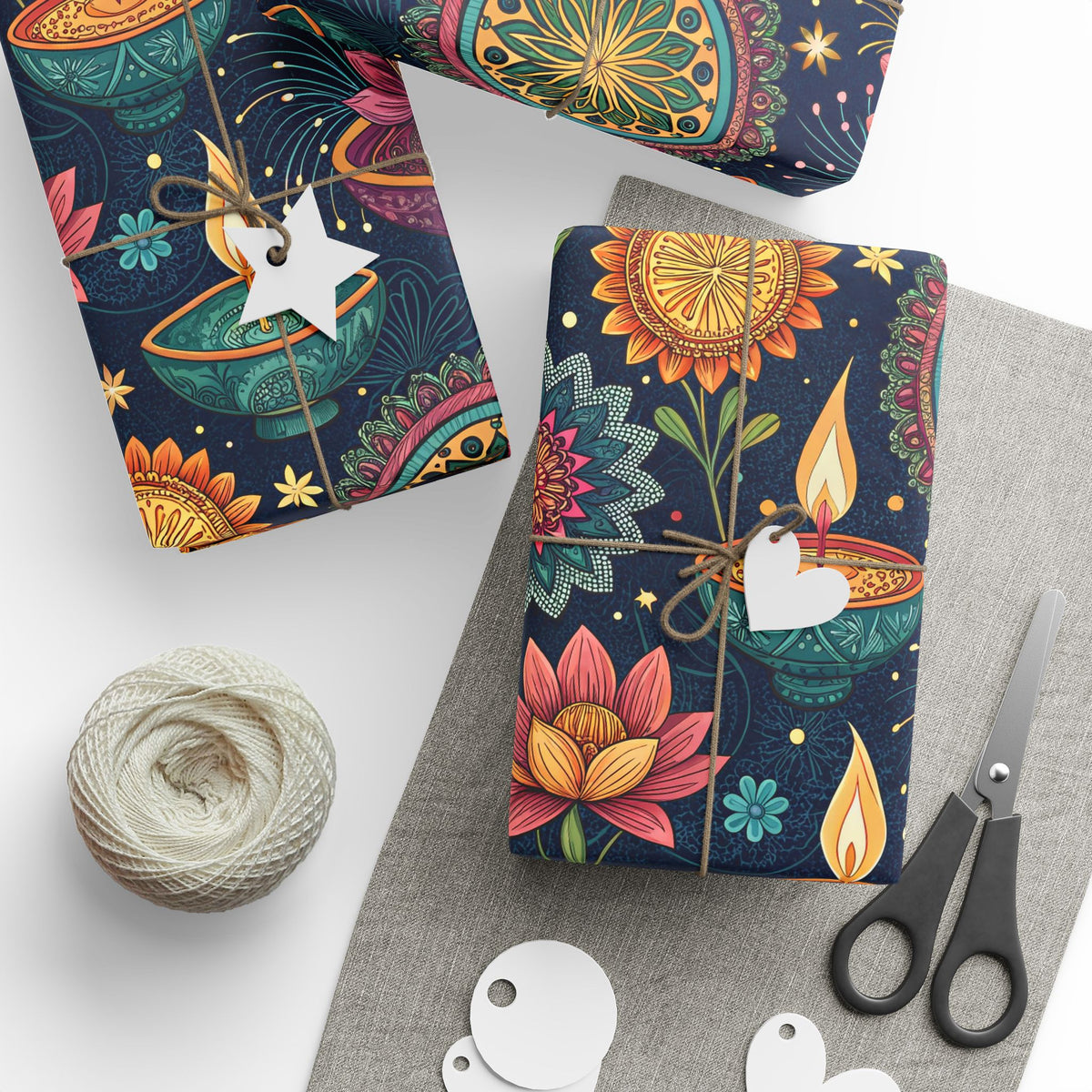Diwali Wrapping Paper Roll - Navy Diyas, Lotus & Fireworks Indian Gift Wrap
