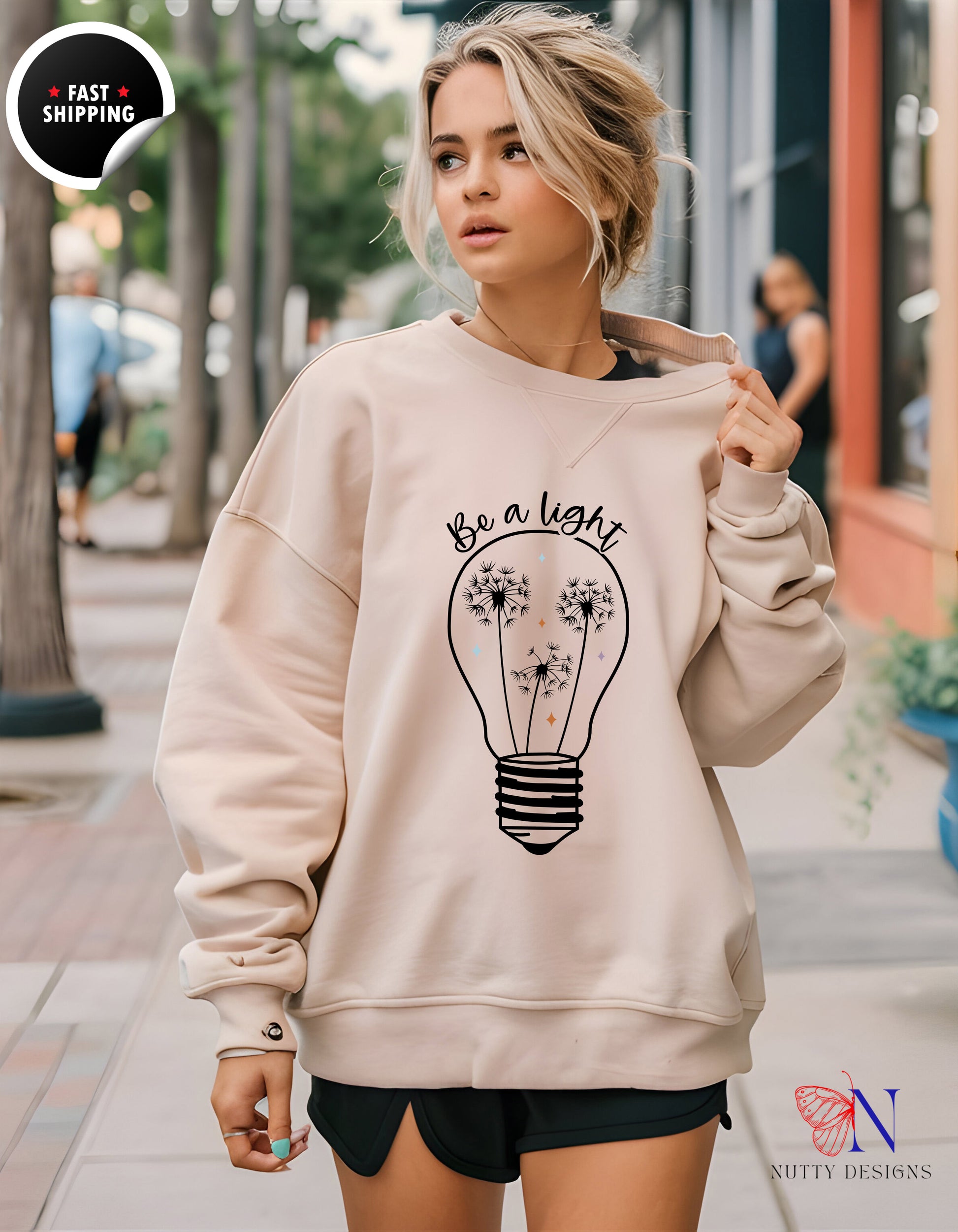 Lightweight Crewneck - Be a Light Design Sweatshirt Lifestyle Mockup | Nutty Designs
