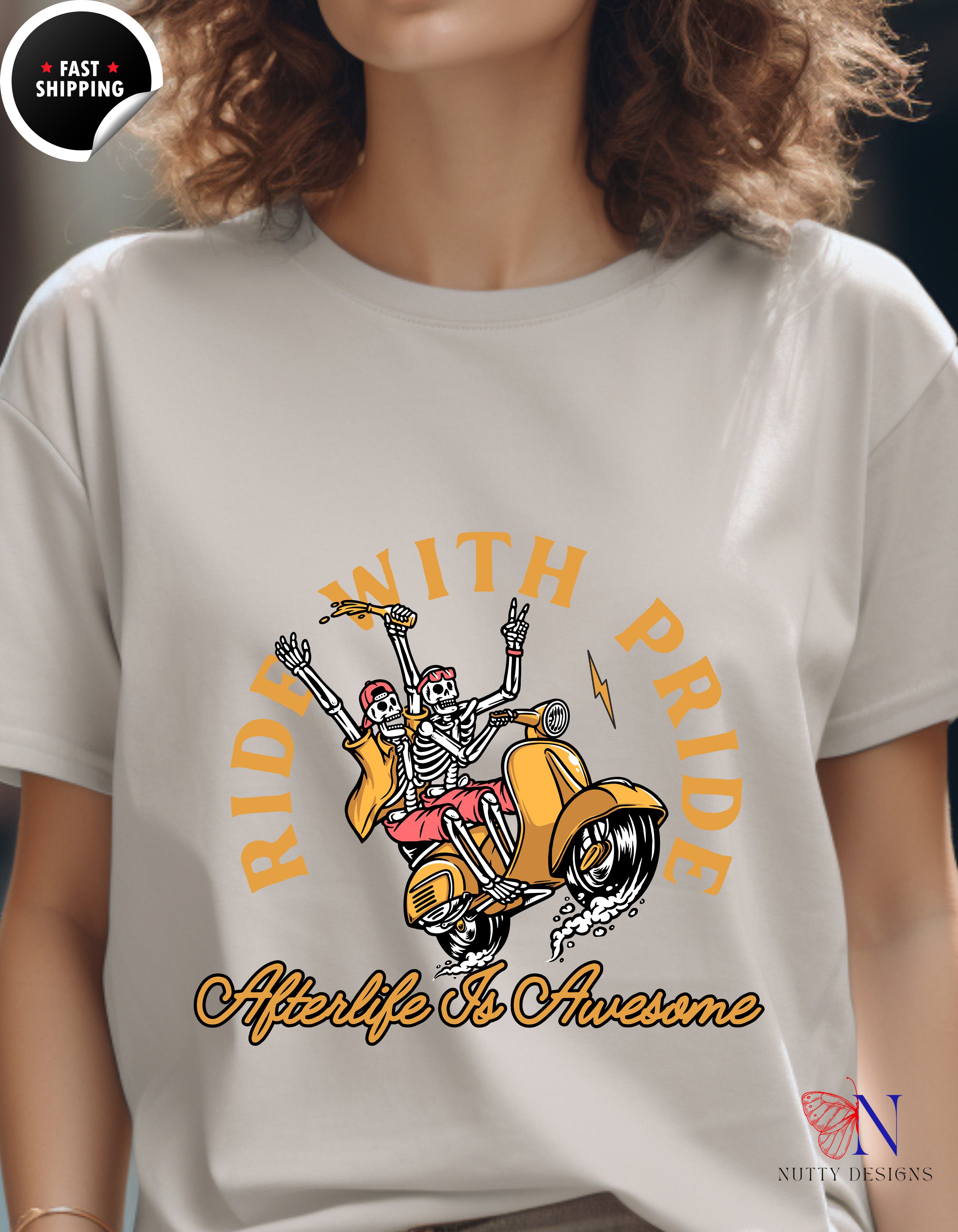 Ride With Pride Happy Skeletons T-Shirt Lifestyle Mockup | Nutty Designs