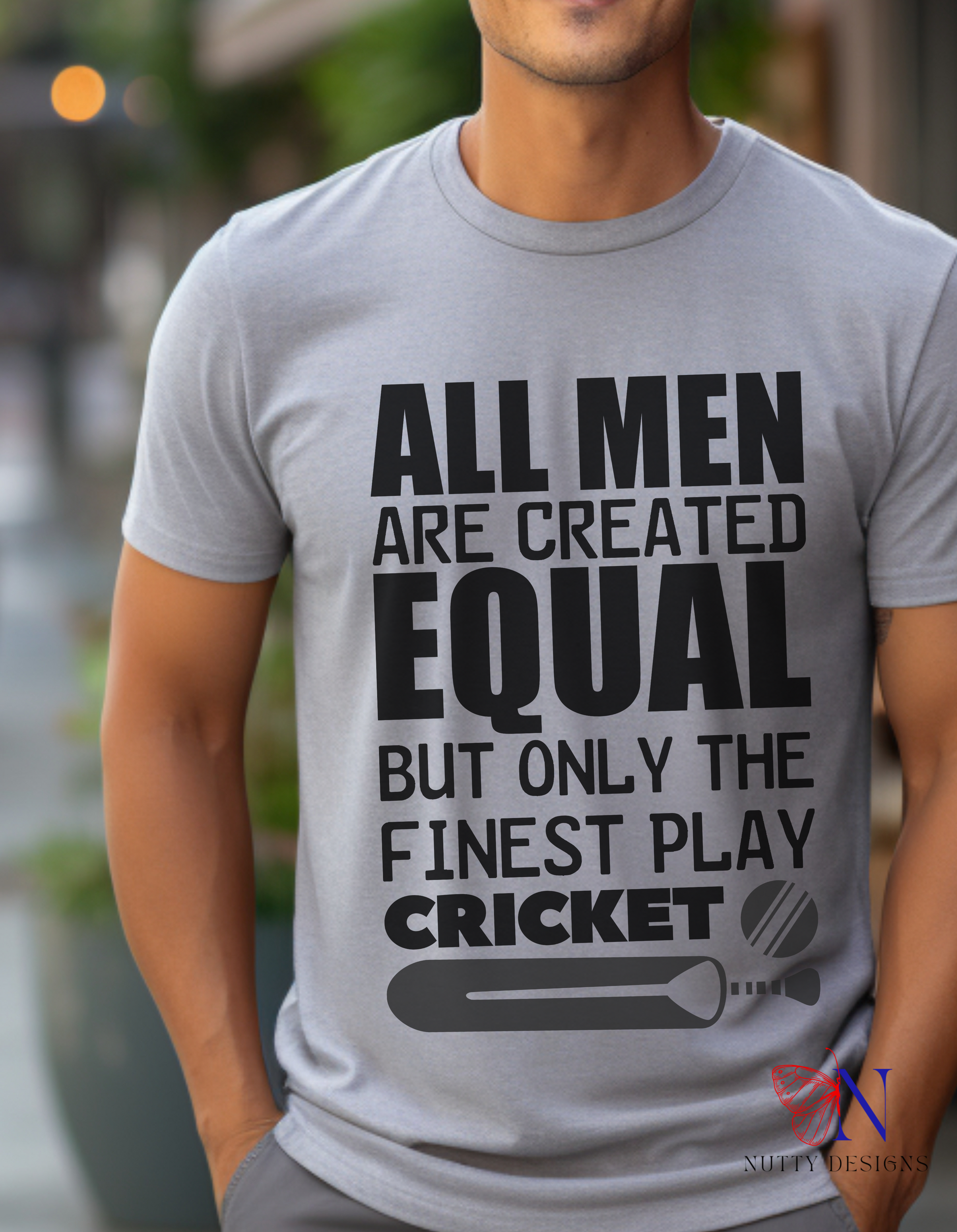All Men Are Created Equal But Only The Finest Play Cricket T-Shirt Lifestyle Mockup | Nutty Designs