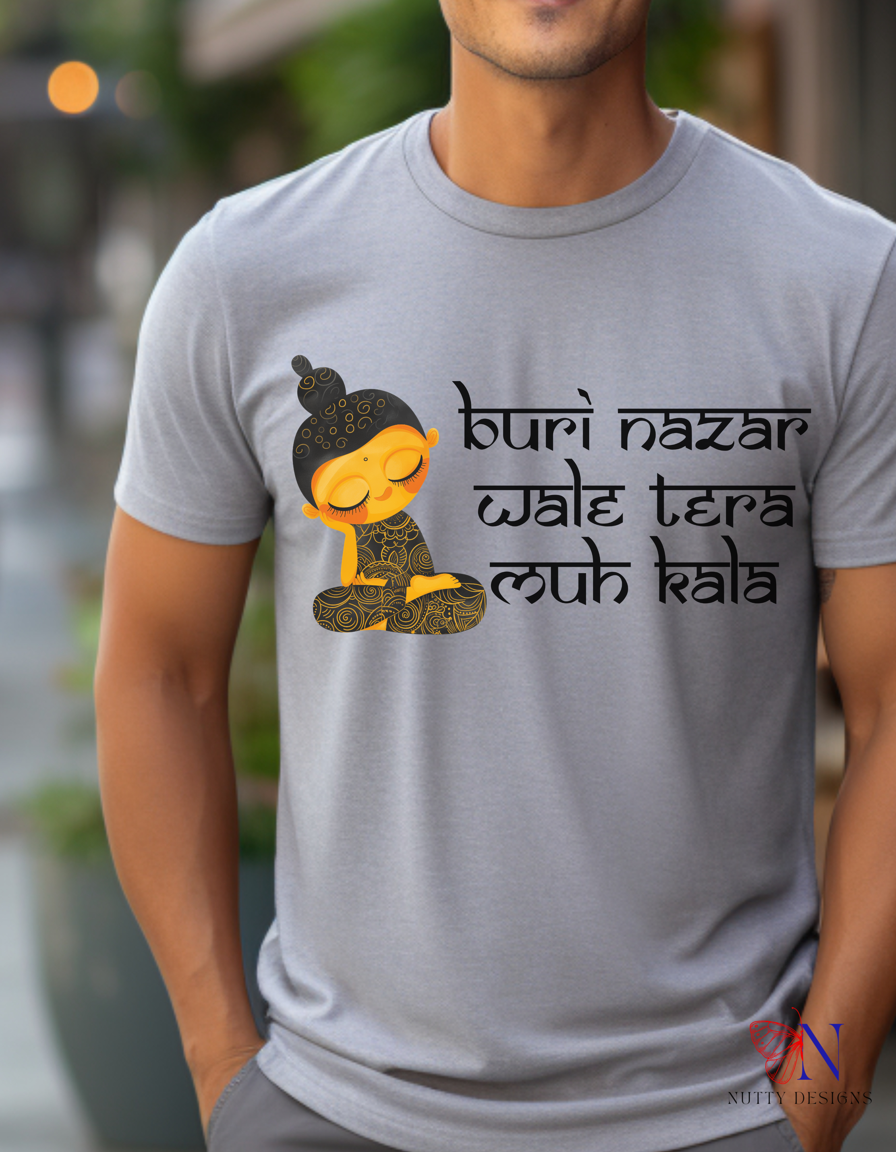 Buri Nazar Wale Tera Muh Kala T-Shirt Lifestyle Mockup | Nutty Designs