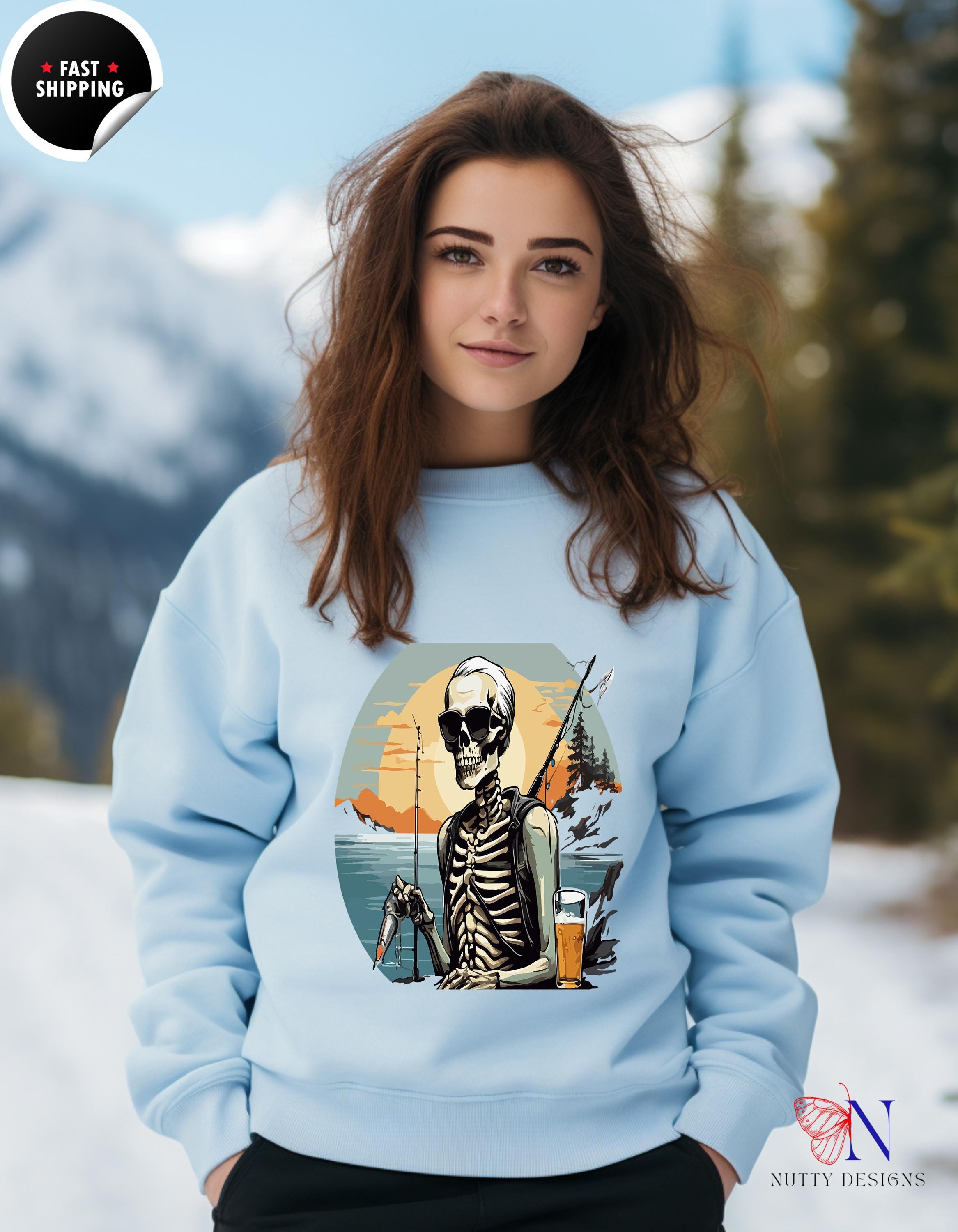 Skeleton Sweatshirt,  Skeleton Fishing & Having a Good Time with Fish and Beer Sweatshirt, Fun Gift for Fishermen