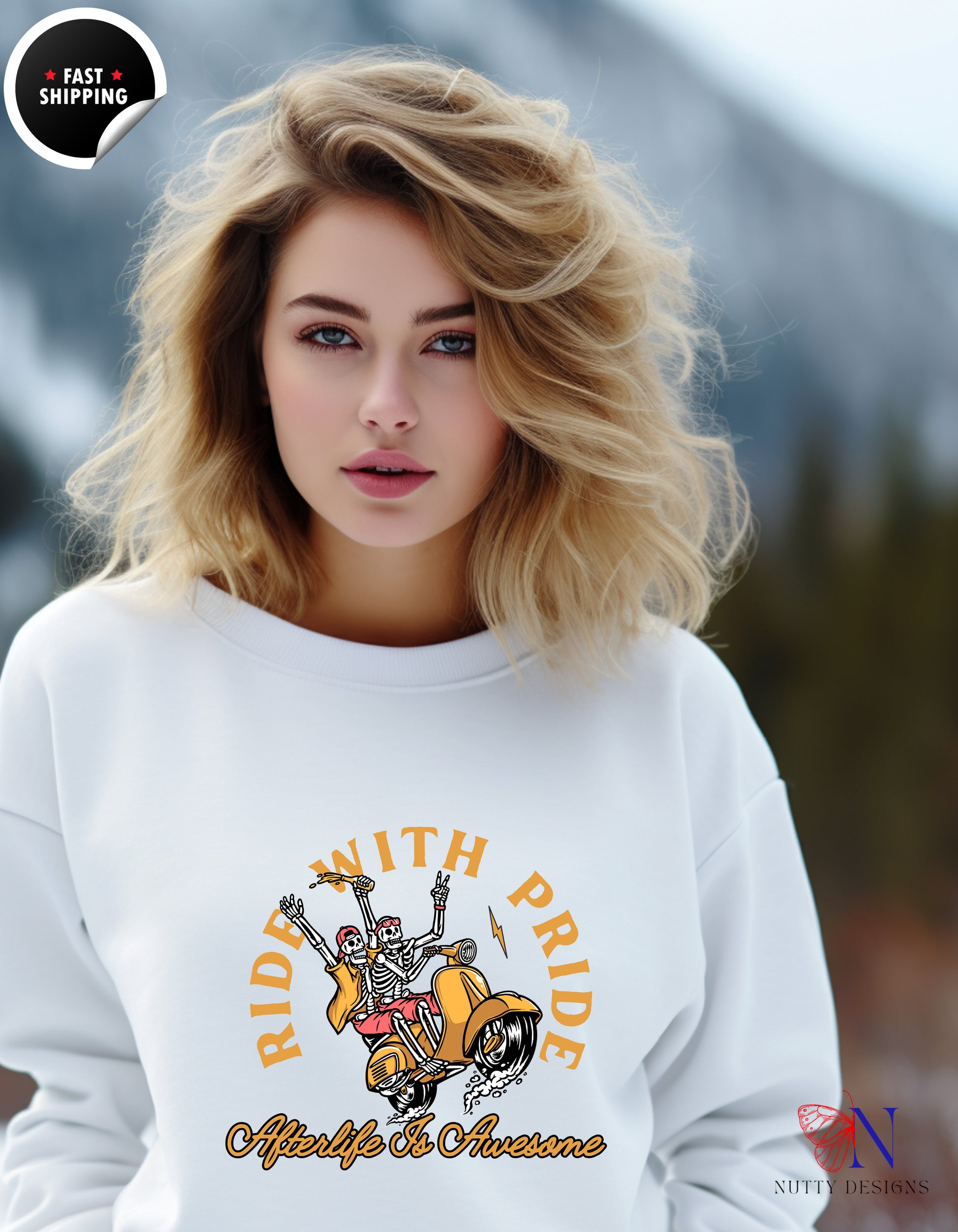Ride With Pride -Afterlife Is Awesome, Diversity LGBTQ Sweatshirt Lifestyle Mockup | Nutty Designs