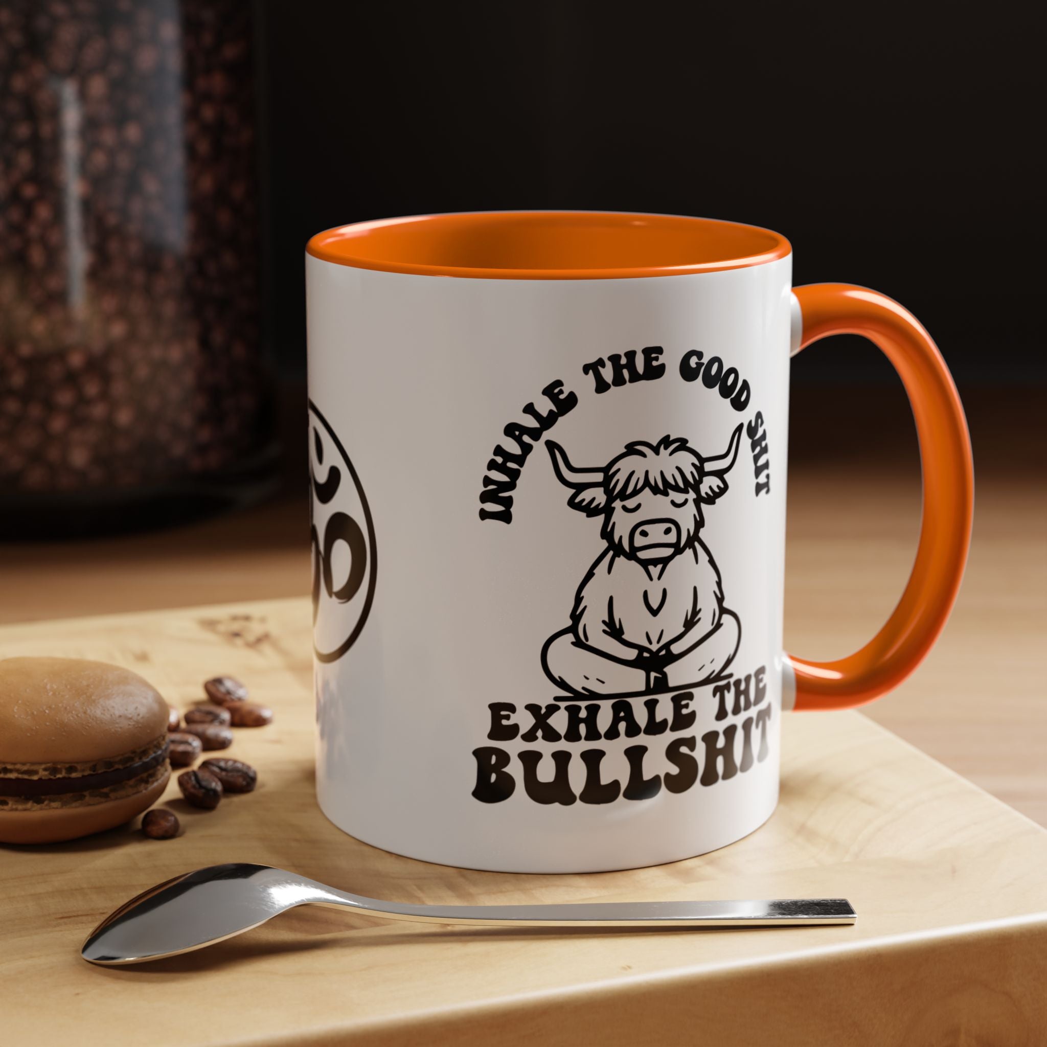 Inhale the Good Shit Exhale The Bullshit Cute Cow Chanting Om Accent Coffee Mug (11, 15oz)