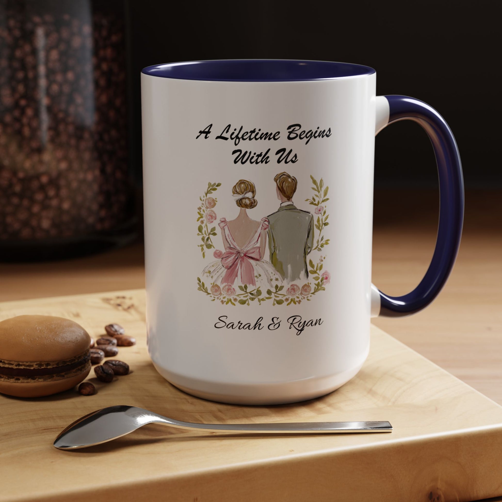 Bride and Groom Illustration A Lifetime Begins With Us Mug Lifestyle Mockup | Nutty Designs