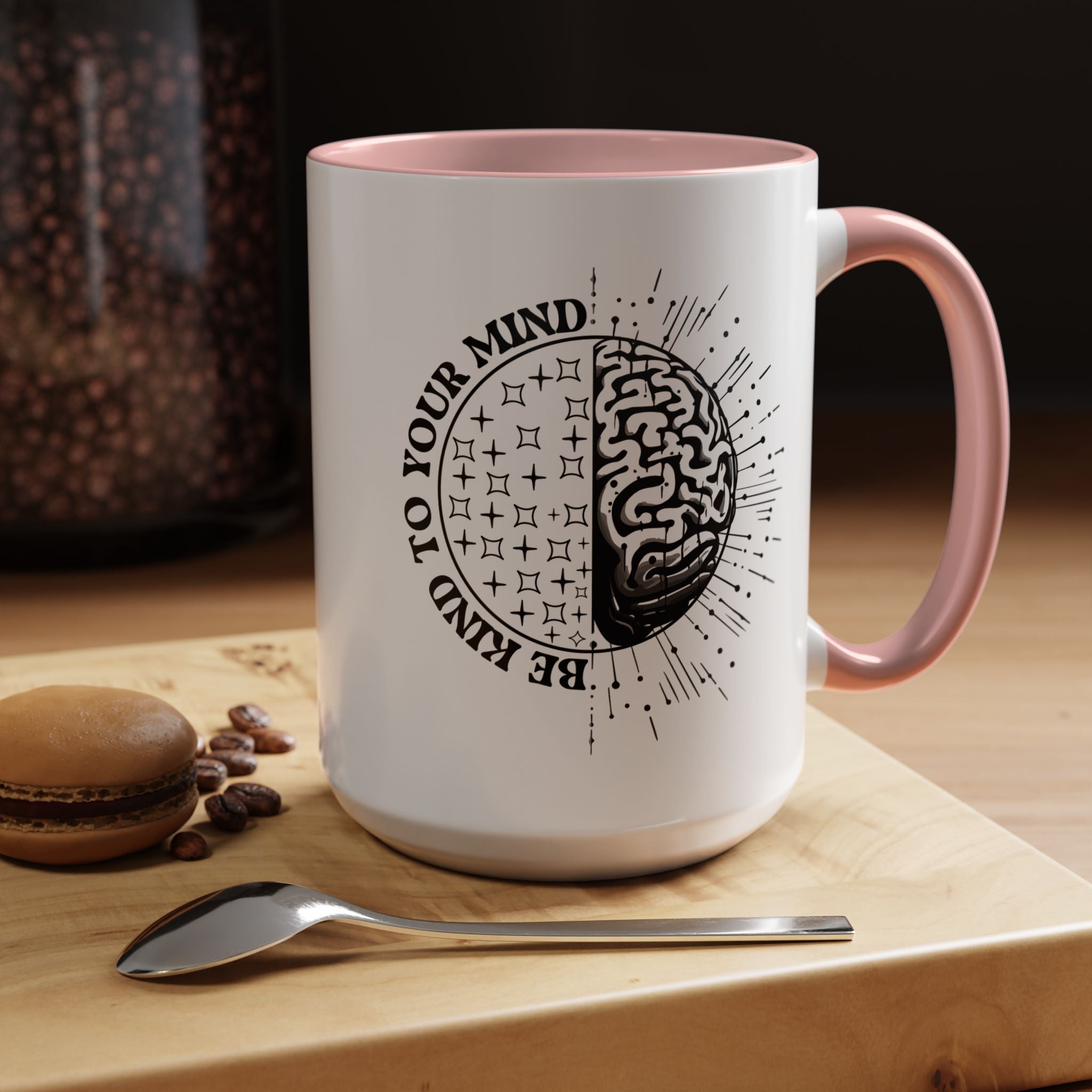 Funny Coffee Mug, Personalized Mug, Be Kind To Your Mind Accent Coffee Cup (11, 15oz), Gift Under 20, White Elephant, Mental Health Support