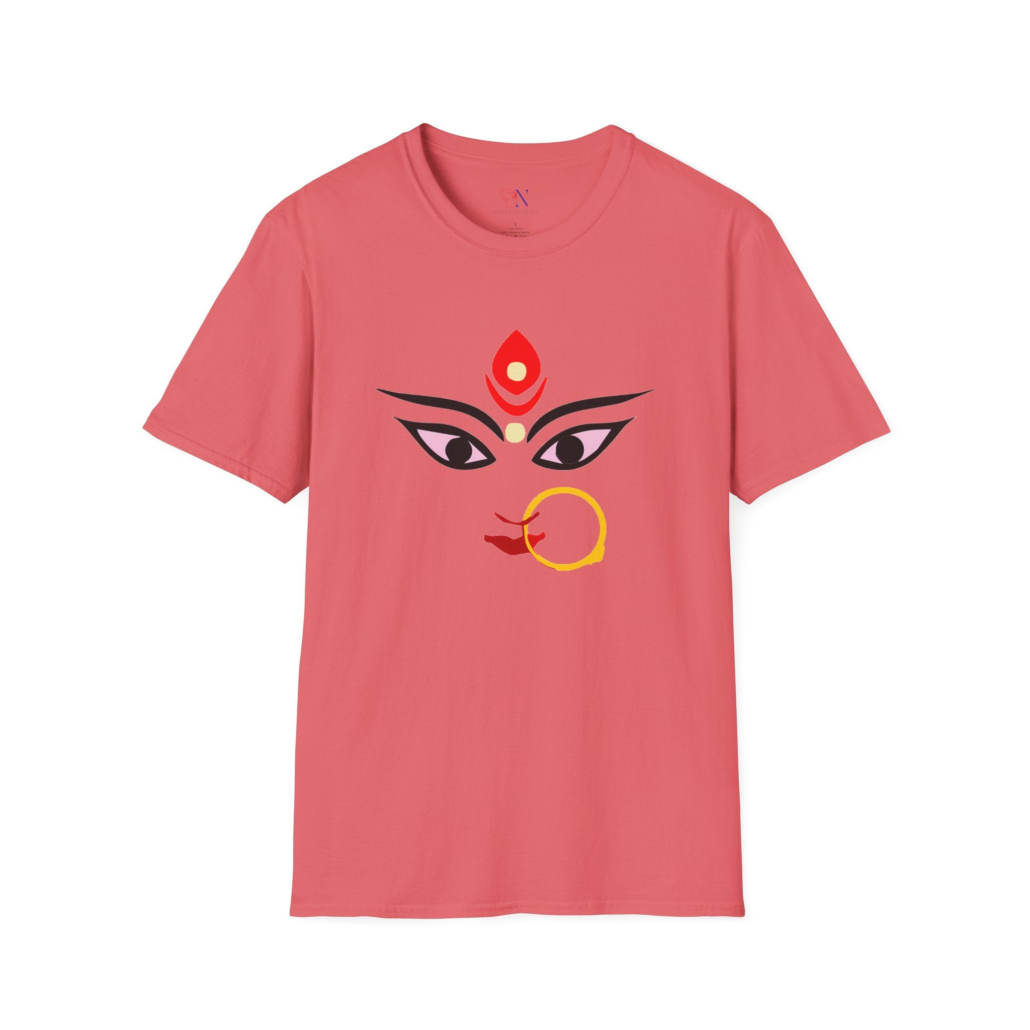 Pink T-shirt featuring Durga, Parvati Bhavani Goddess graphic, ideal gift for Diwali, Navratri, Durga Pooja for Hindu religion followers.