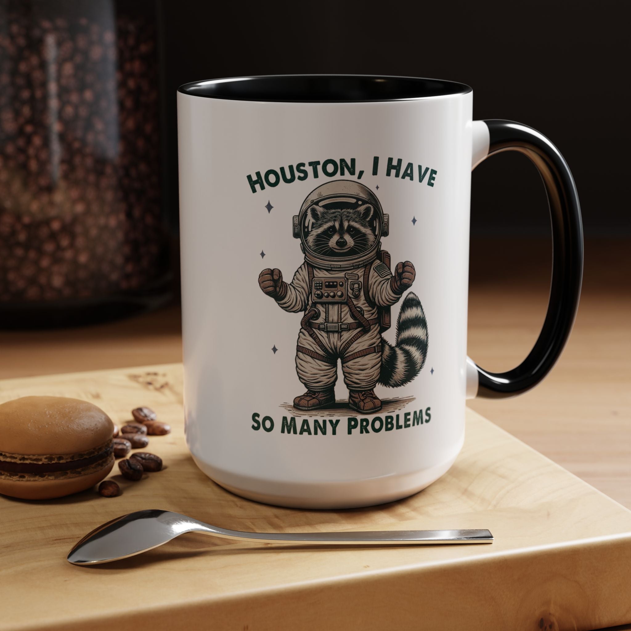 Funny Coffee Mug, Personalized Mug, Funny Racoon Houston I Have So Many Problems,  Accent Cup (11, 15oz), Gift Under 20, White Elephant gift