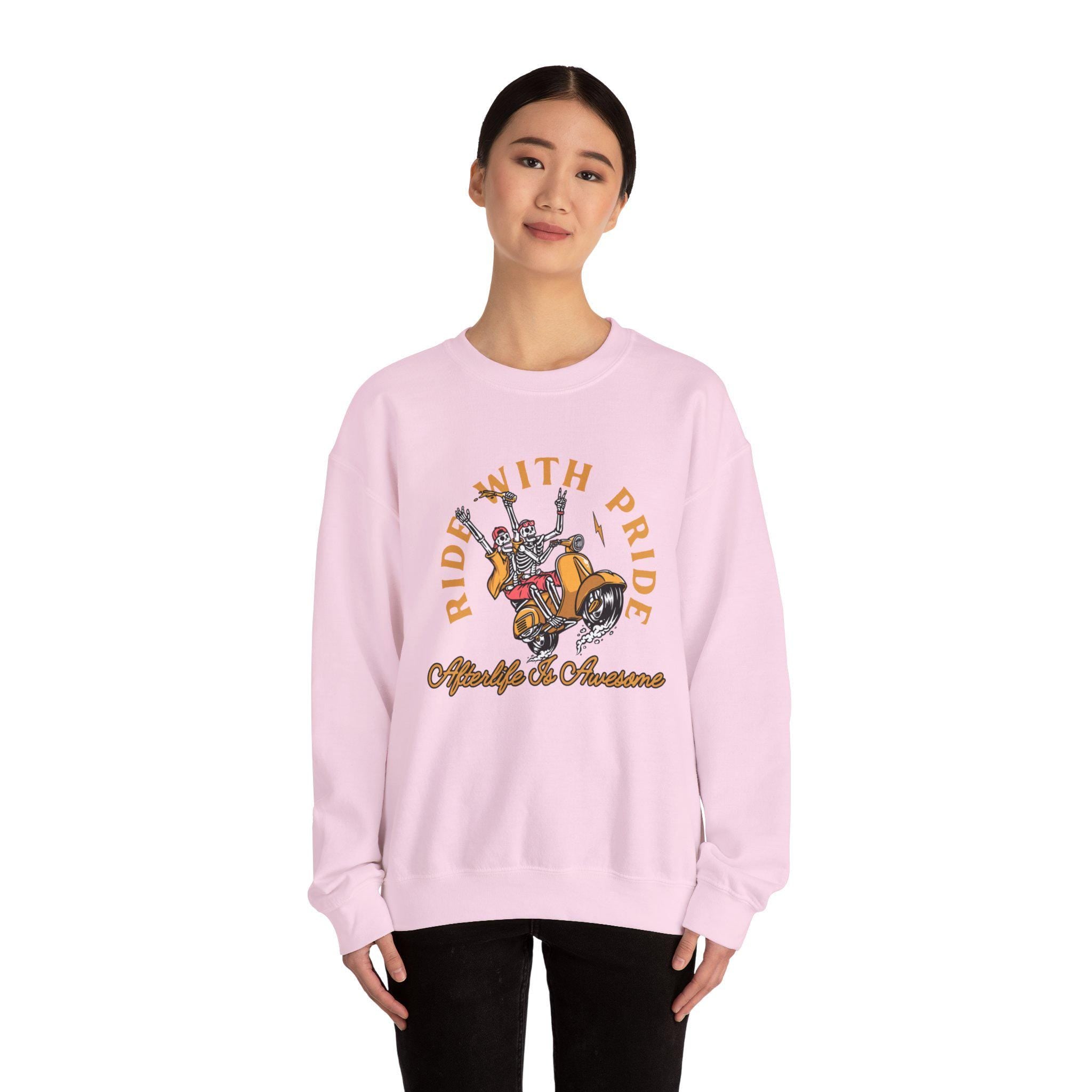 Ride With Pride Sweatshirt | Afterlife Is Awesome Skeleton | LGBTQ Funny Fall Autumn Diversity Apparel