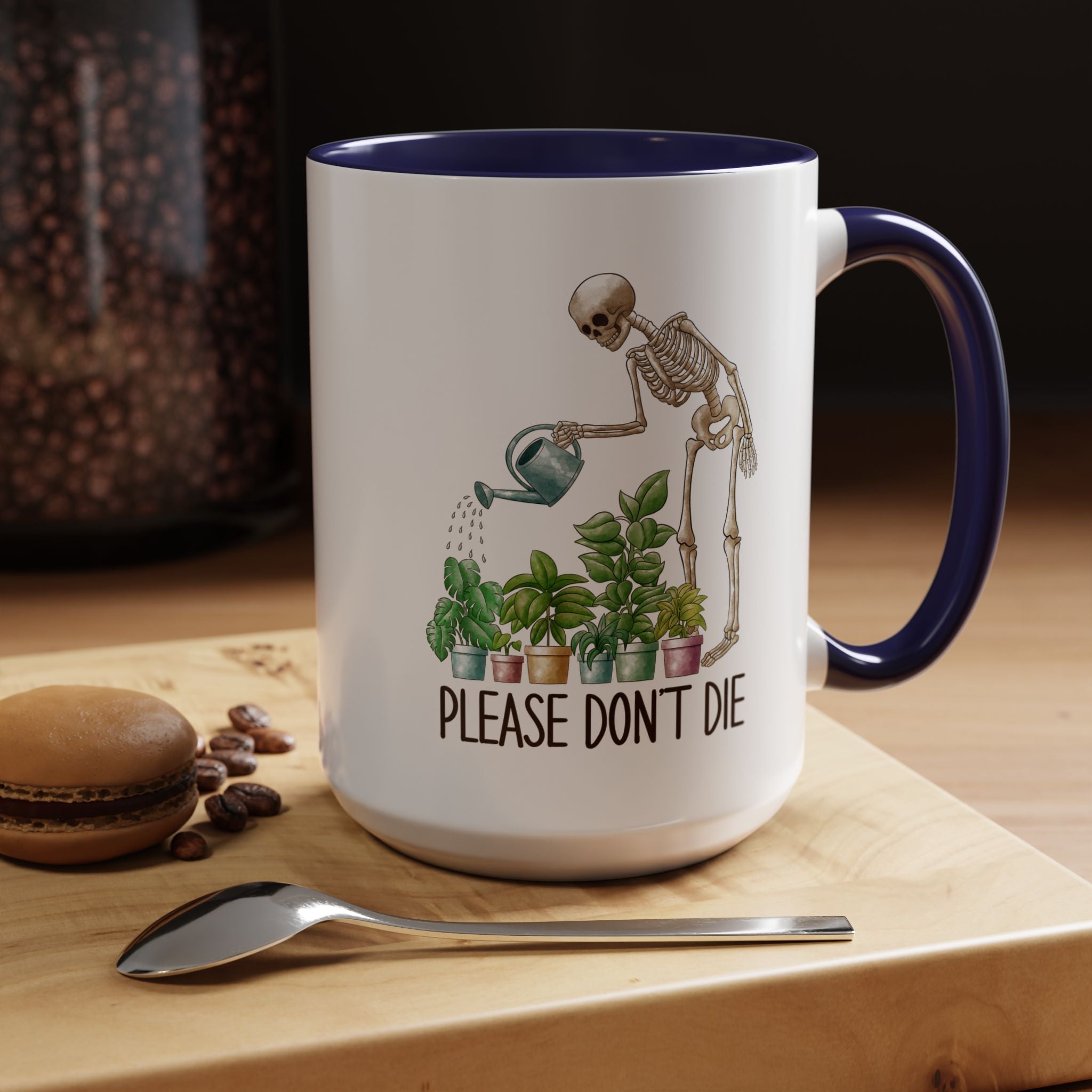 Funny Coffee Mug, Personalized Mug, Skeleton Watering Plants Saying Please Don't Die,  Accent Cup (11, 15oz), Gift Under 20, White Elephant