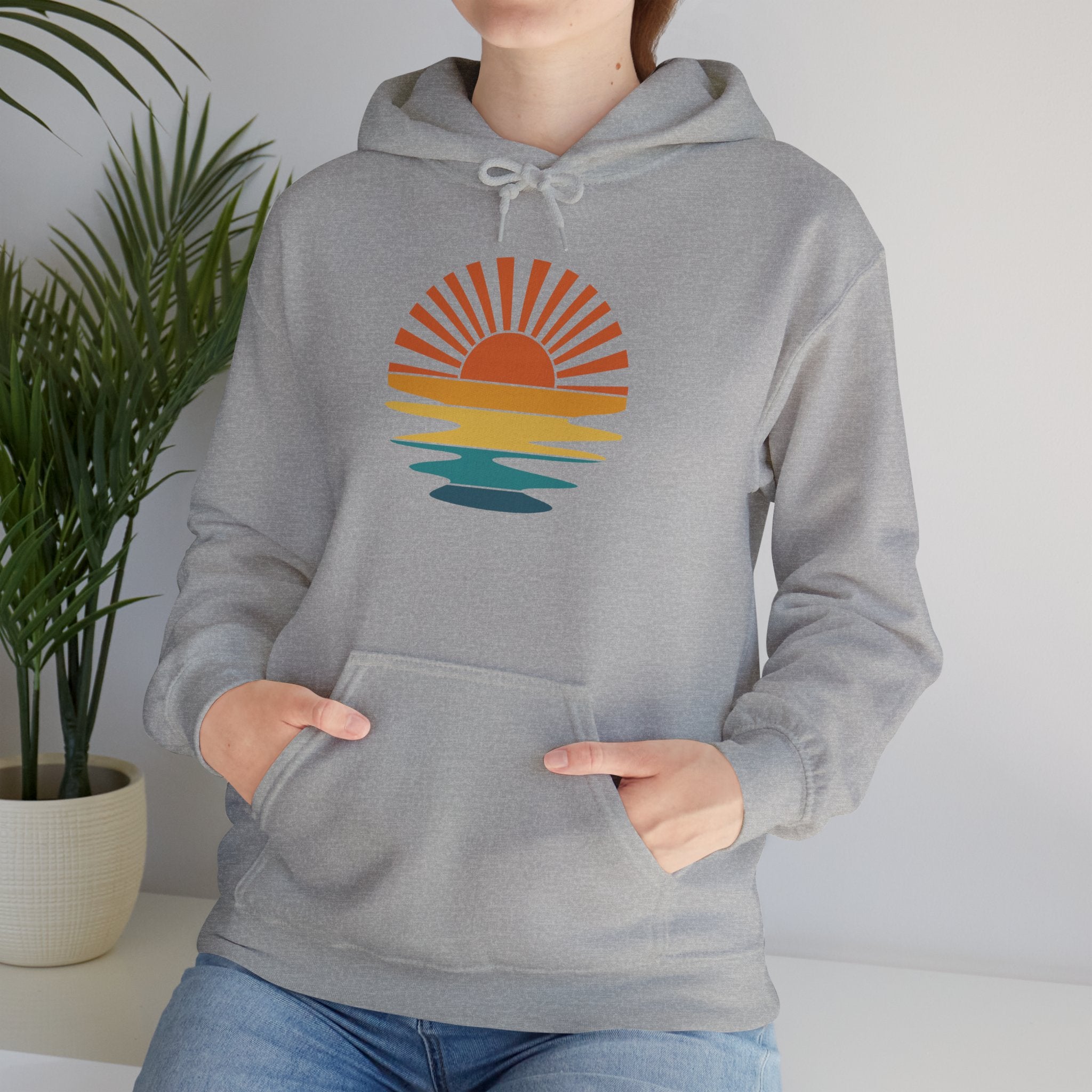 Sunset Minimalist Hoodie — Retro Sunrise Graphic Hooded Sweatshirt