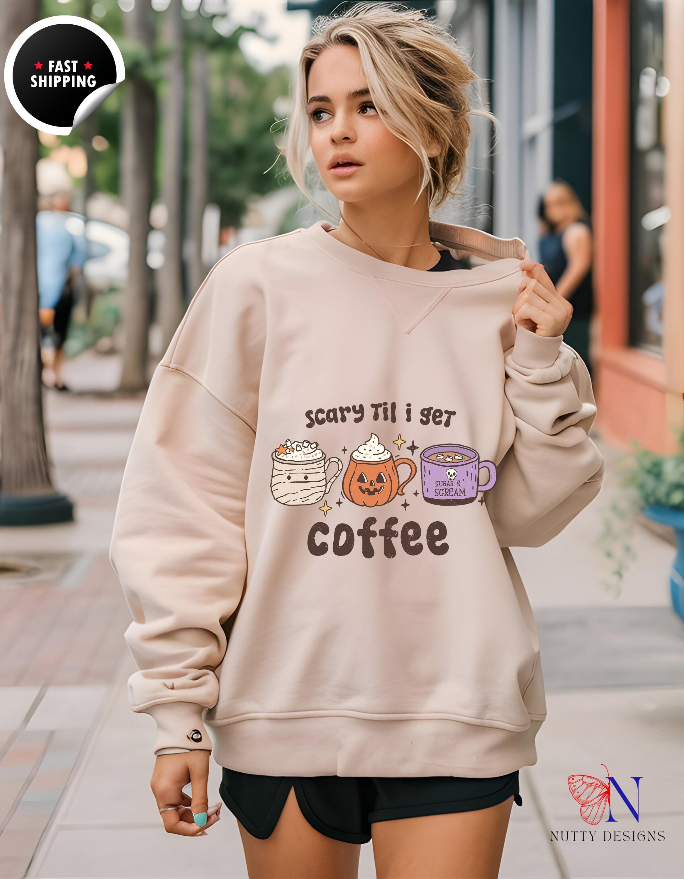 Distressed Sweatshirt | Scary Till I Get Coffee | Cozy Vintage Style | Perfect for Fall | Unique Gift Idea