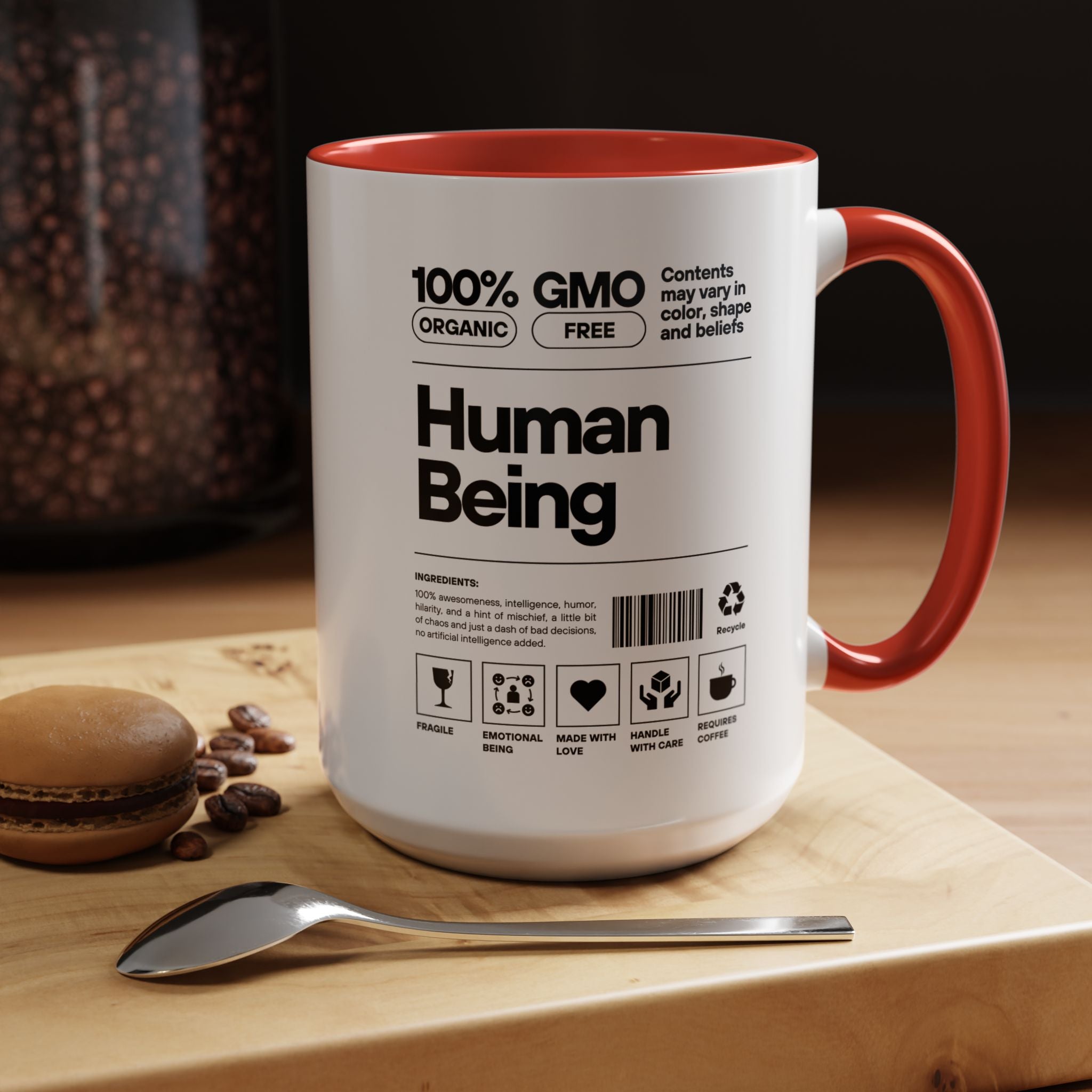 Funny Coffee Mug, Personalized Mug, Human Being Nutrition Facts Accent Cup (11, 15oz), Gift Under 20, White Elephant gift
