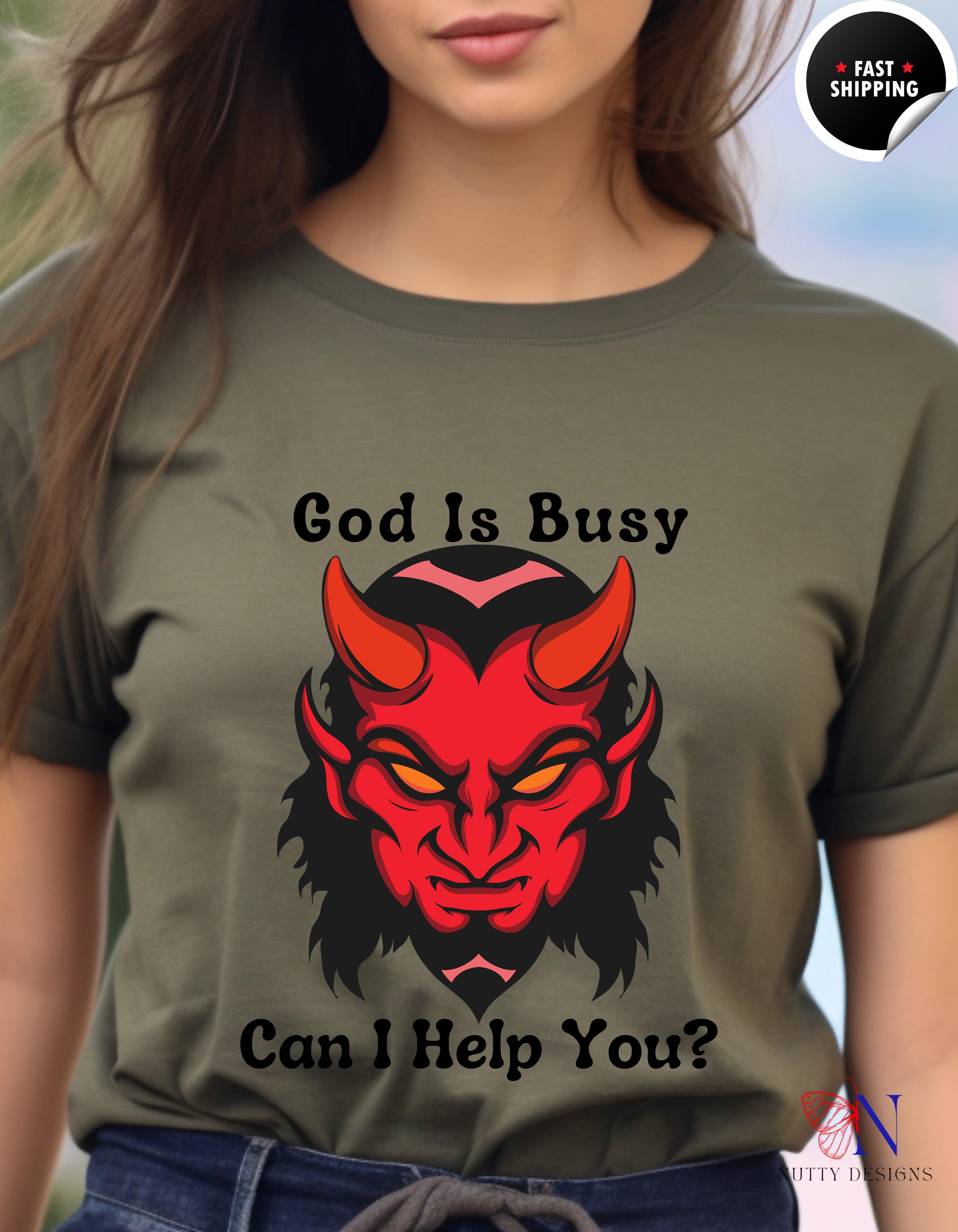 God Is Busy Dark , atheist religious T-Shirt Lifestyle Mockup | Nutty Designs