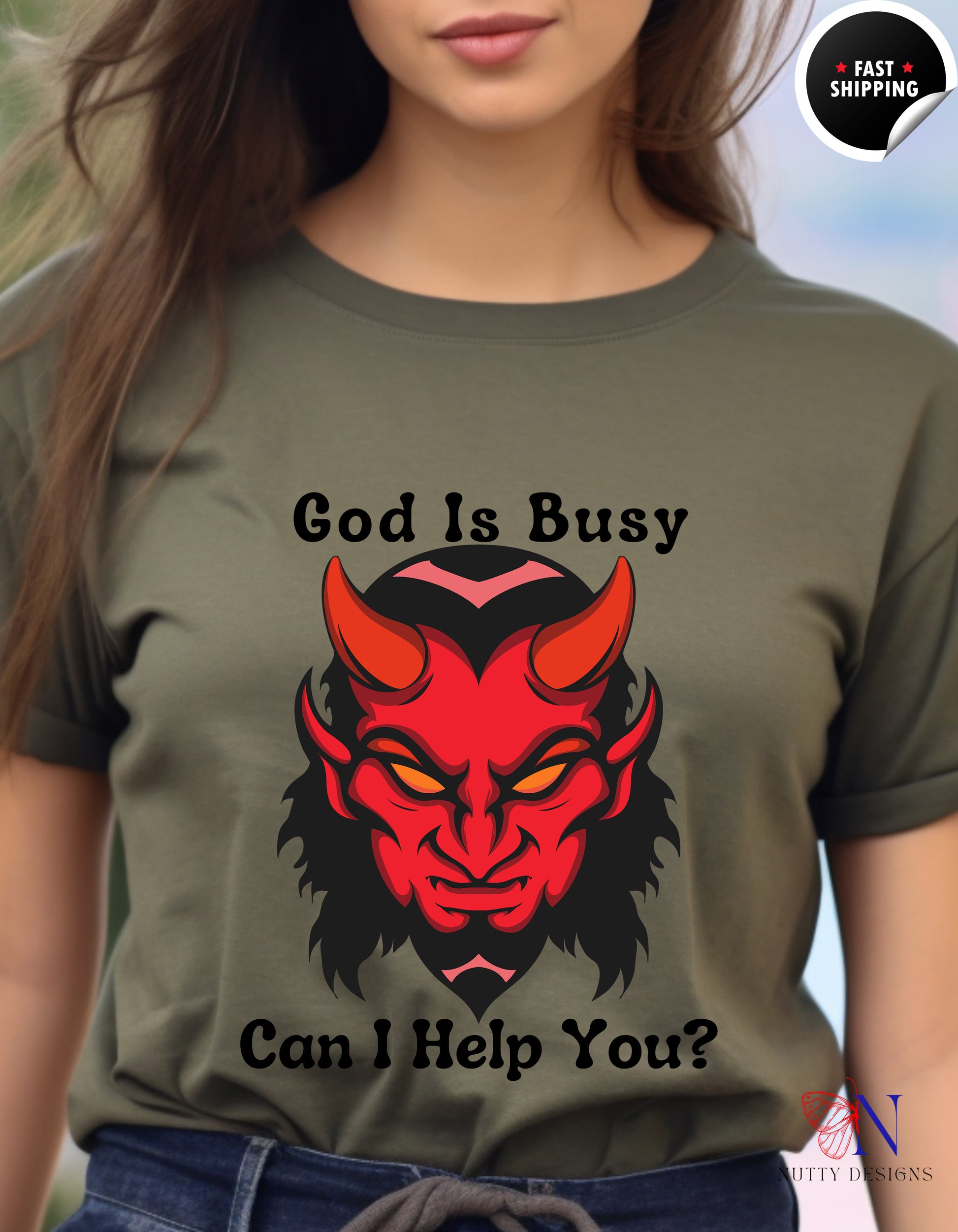 God Is Busy Dark , atheist religious T-Shirt Lifestyle Mockup | Nutty Designs