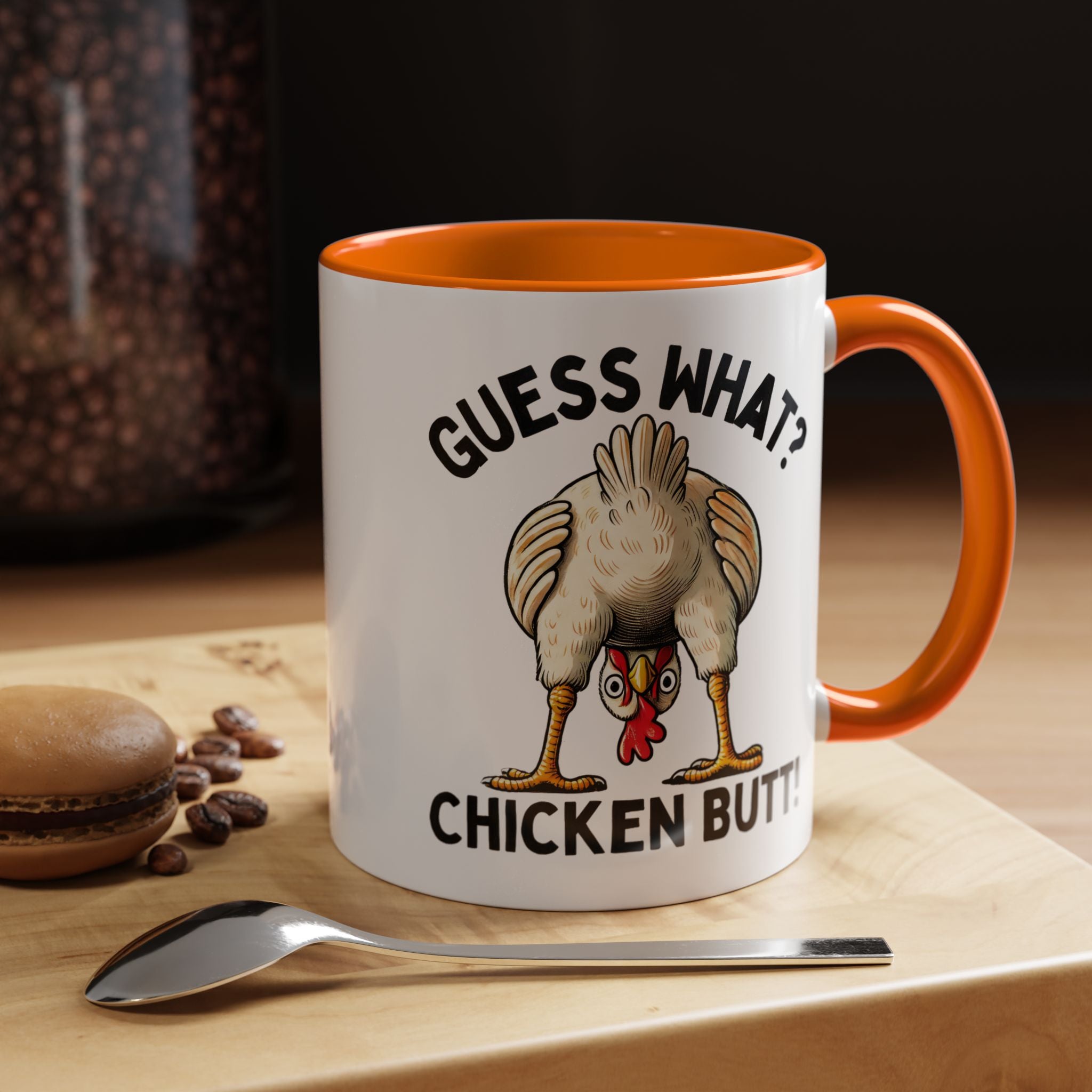 Funny Coffee Mug, Personalized Mug, Guess What Chicken Butt Accent Cup, Gift Under 20, White Elephant gift