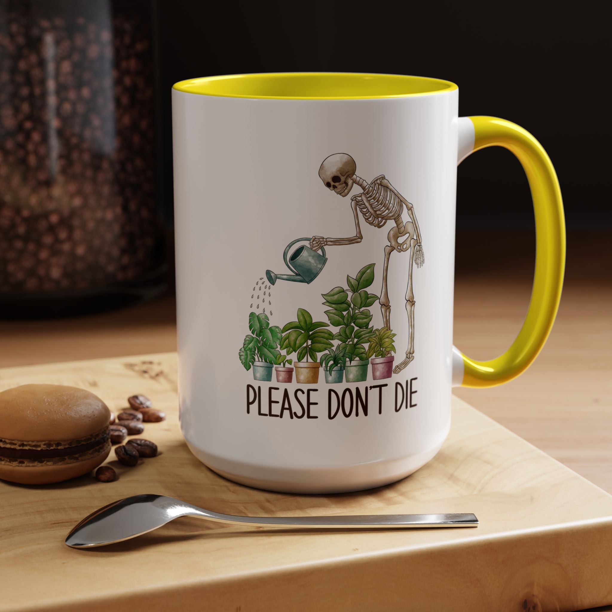 Funny Coffee Mug, Personalized Mug, Skeleton Watering Plants Saying Please Don't Die,  Accent Cup (11, 15oz), Gift Under 20, White Elephant