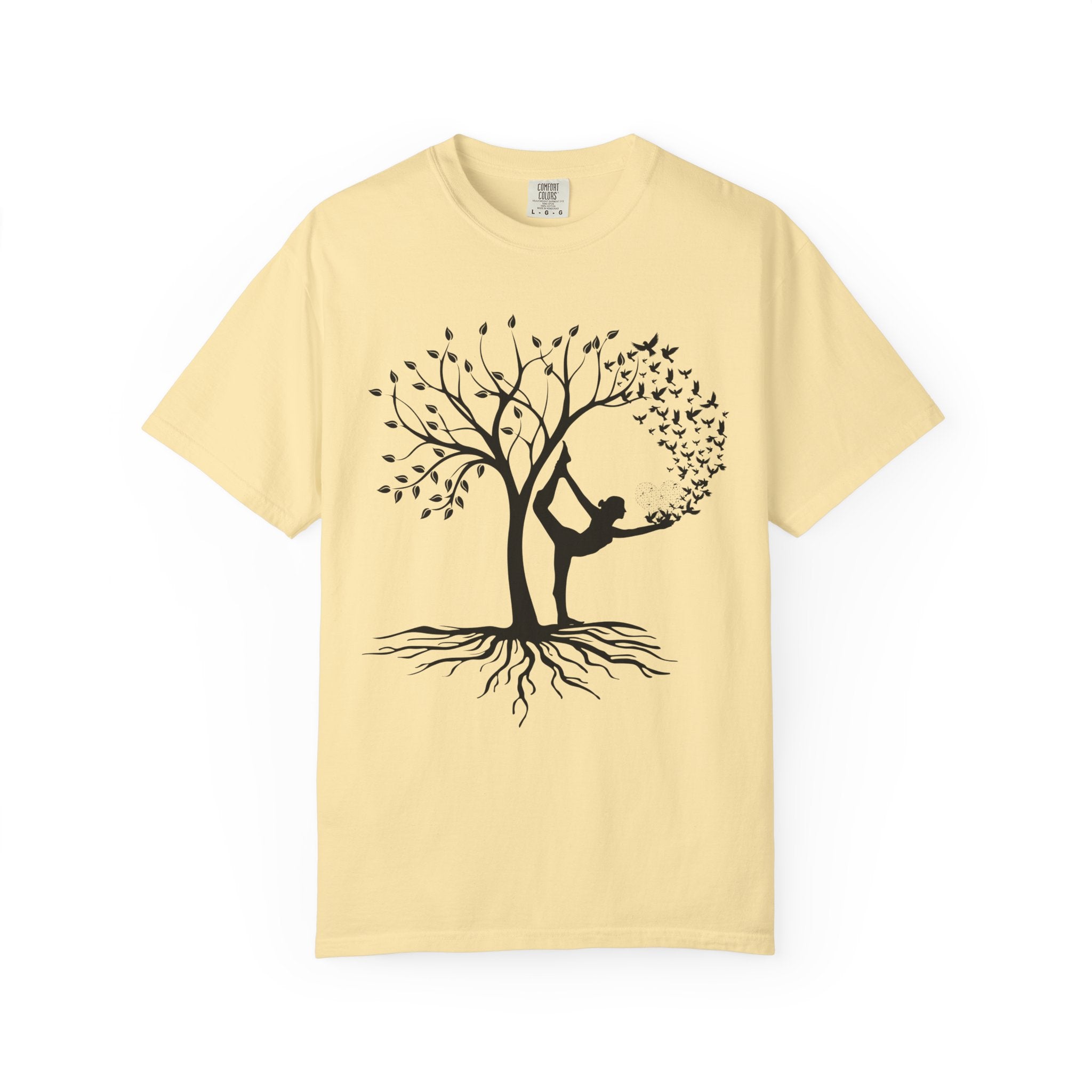 Woman Yoga Tree & Bird Meditation T-Shirt — Calming, Positive Motivational Tee