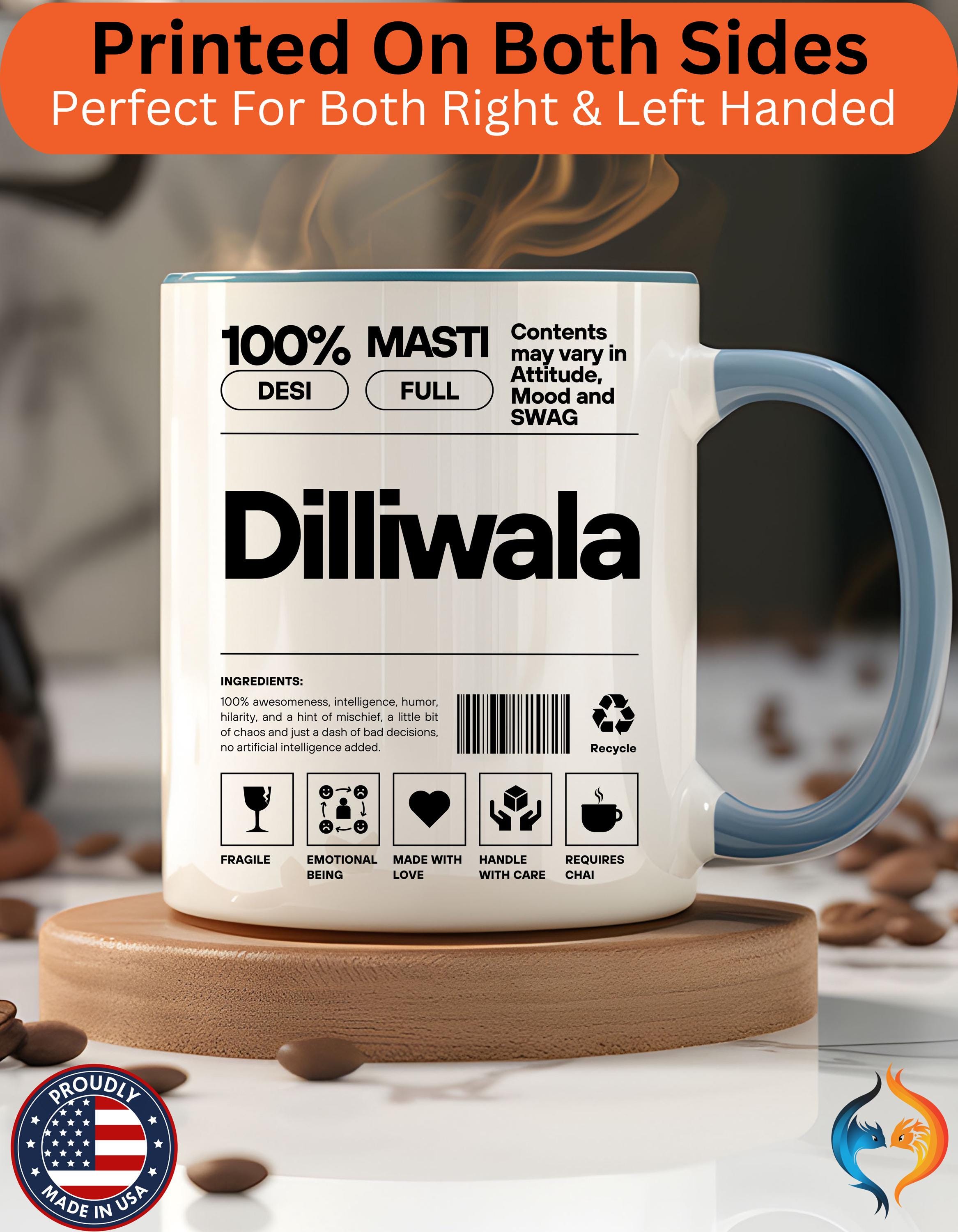 Funny Coffee Mug, Personalized Mug, Dilliwala Desi Roots Indian Accent Chai Cup (11/15oz), Gift Under 20, white elephant, brown humor